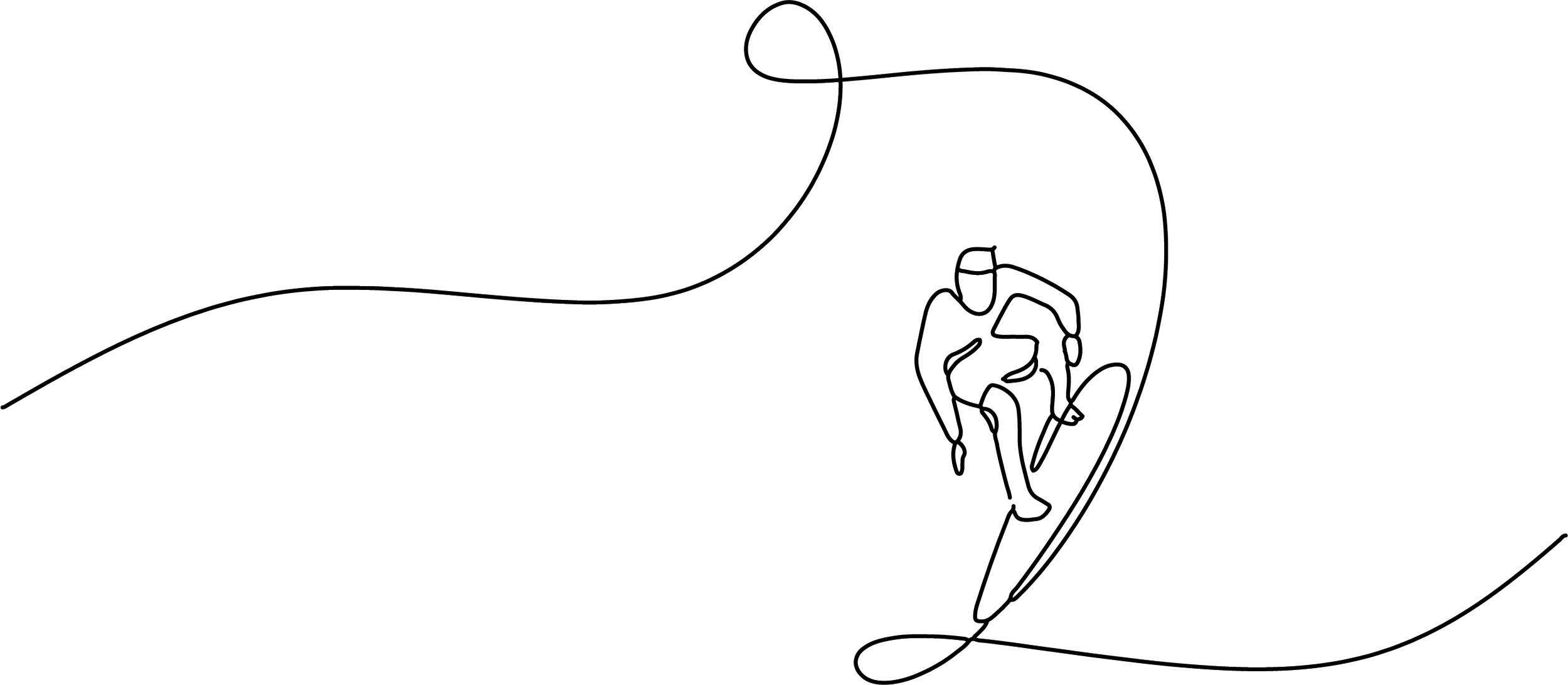 Line drawing of a person climbing a steep, curved surface, potentially a rock wall or large structure, with a rope or cable extending above.