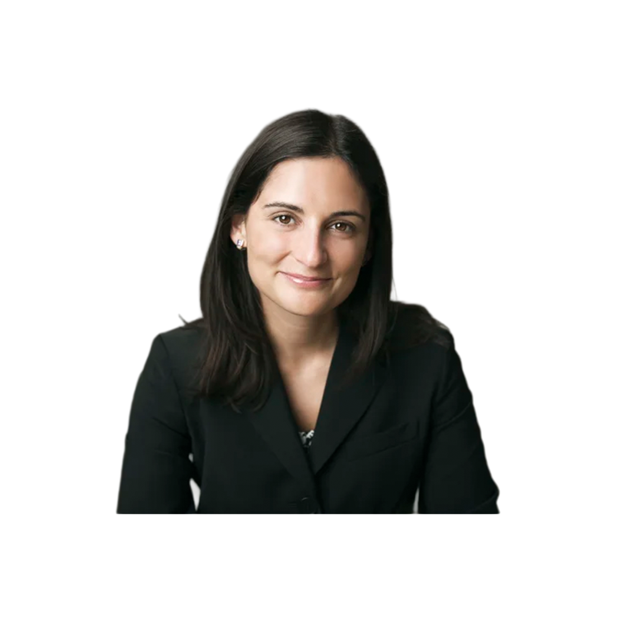 Portrait of a woman with long dark hair and light skin, wearing a black blazer and smiling at the camera.