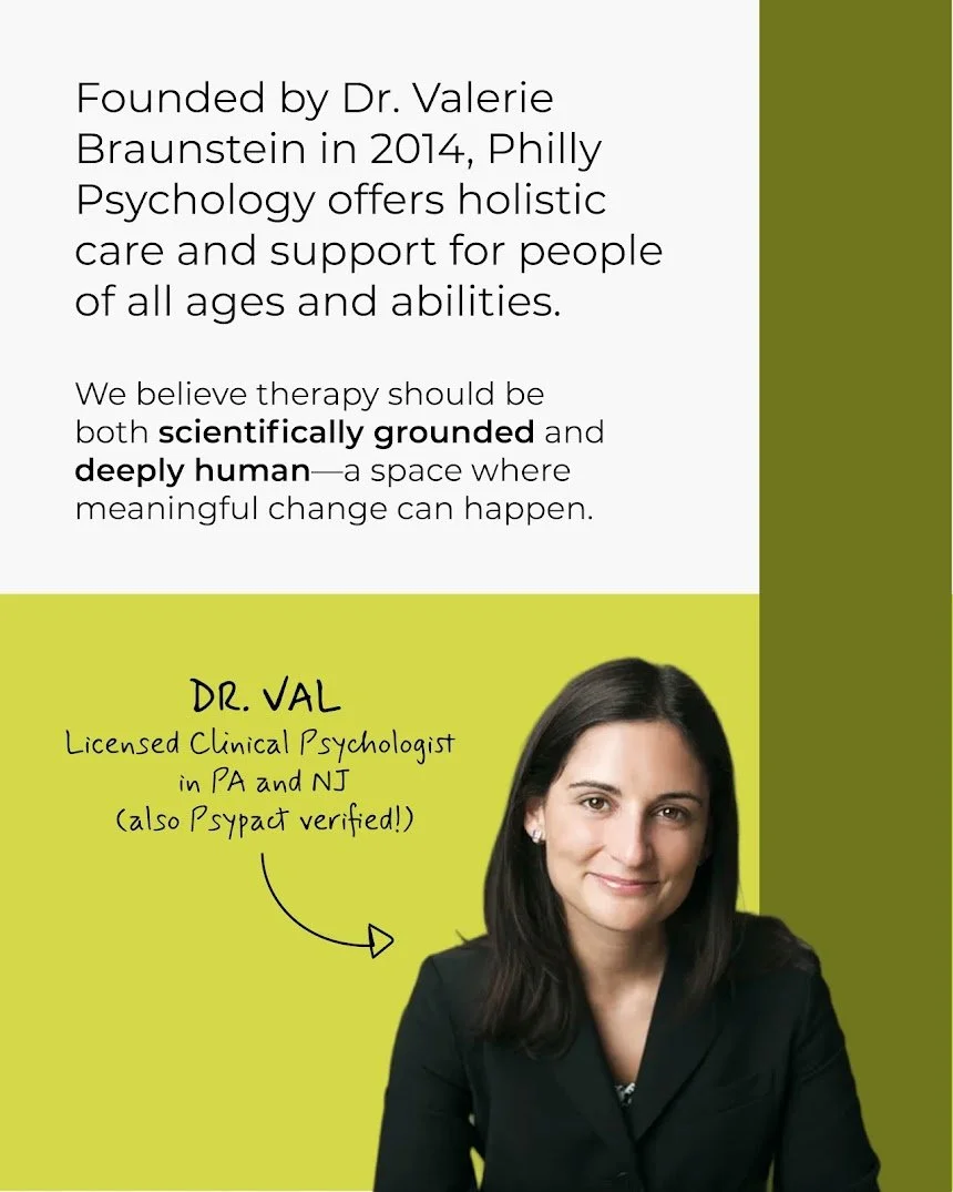 Dr. Valerie Braunstein, licensed clinical psychologist and founder of Philly Psychology, with text describing scientifically grounded and deeply human care.