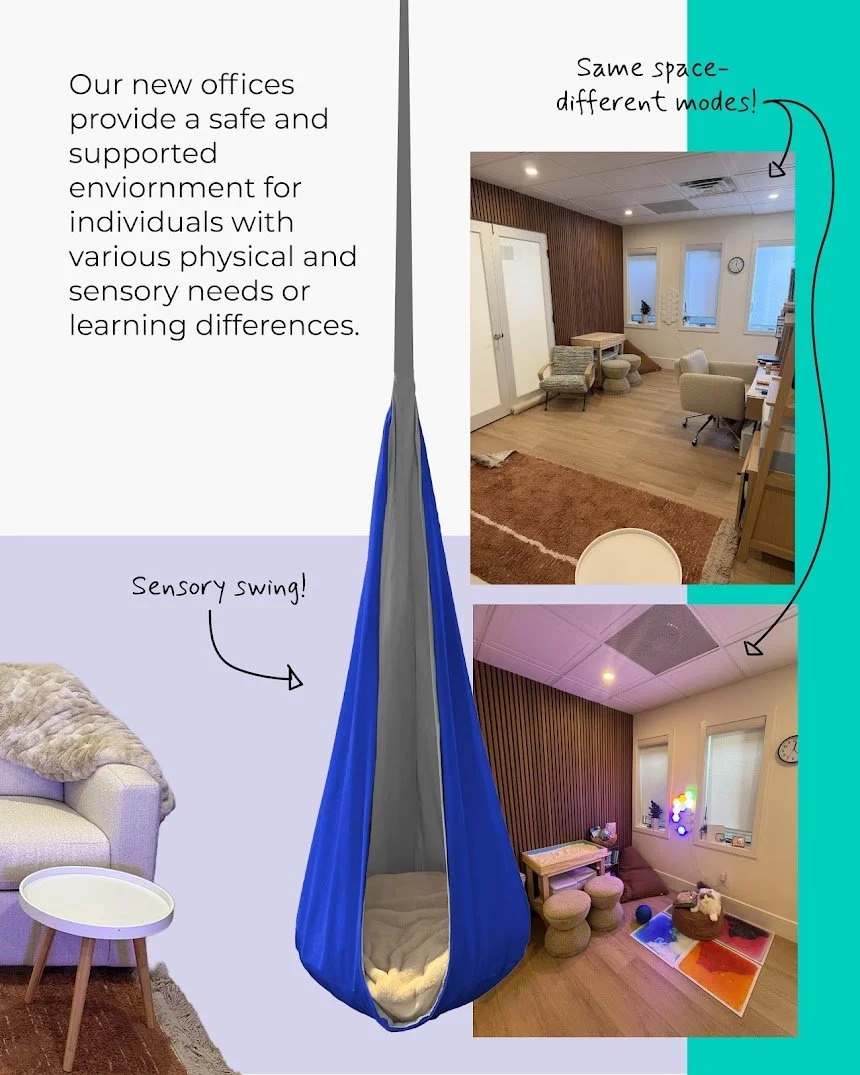 Philly Psychology office with flexible seating, a sensory swing, and two views of the welcoming therapy room.