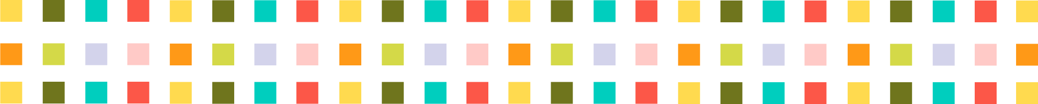 A colorful digital pattern of small squares arranged in rows, with each row alternating the color of the squares, including shades of green, orange, pink, blue, and yellow, on a black background.