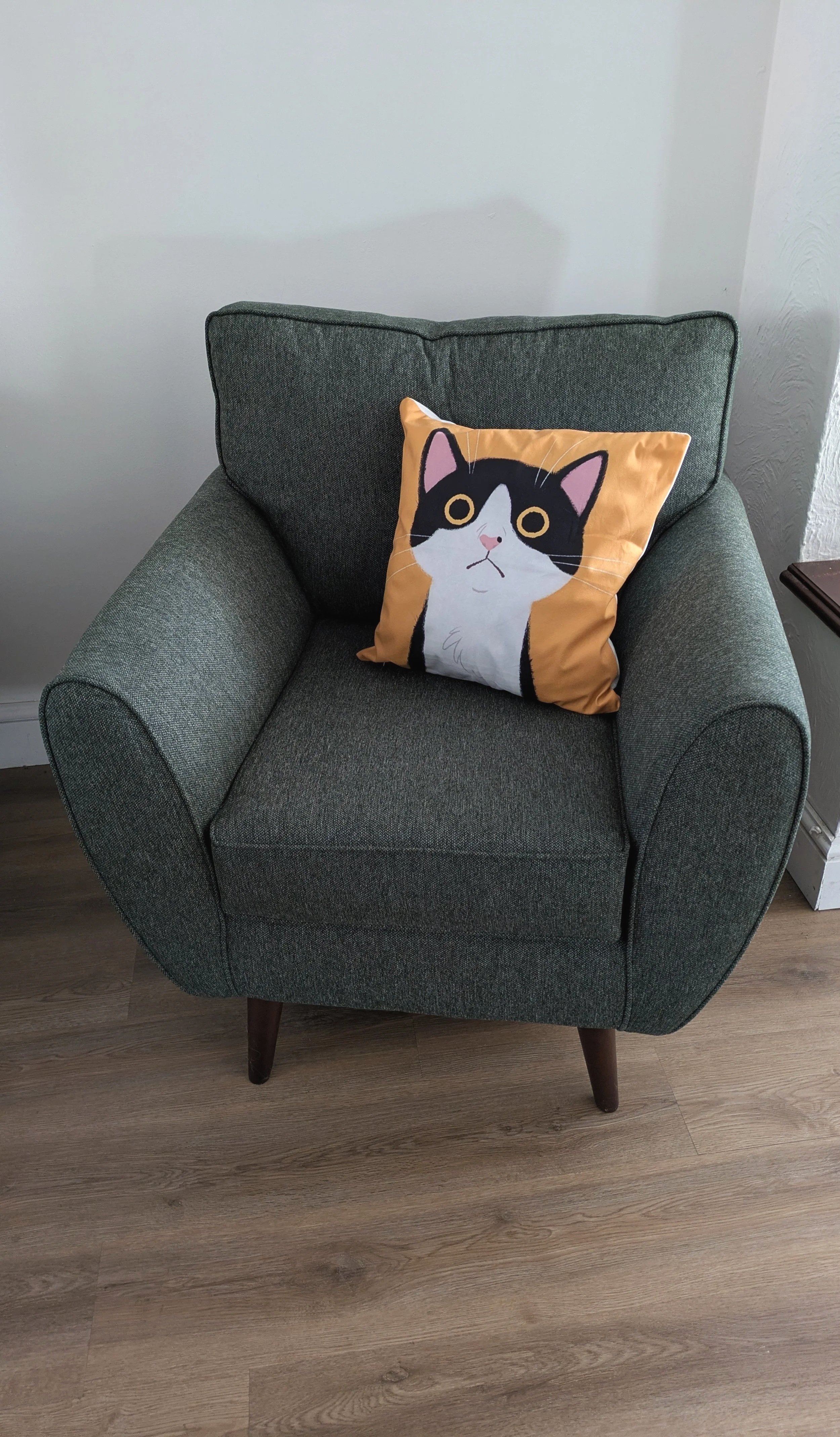 A green upholstered armchair with wooden legs, featuring a pillow with a cartoon black and white cat face on a mustard coloured background placed on it.
