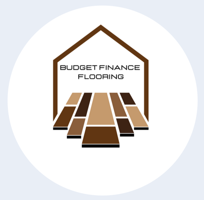 Logo for Budget Finance Flooring featuring a stylized house outline and various shades of brown for flooring planks.