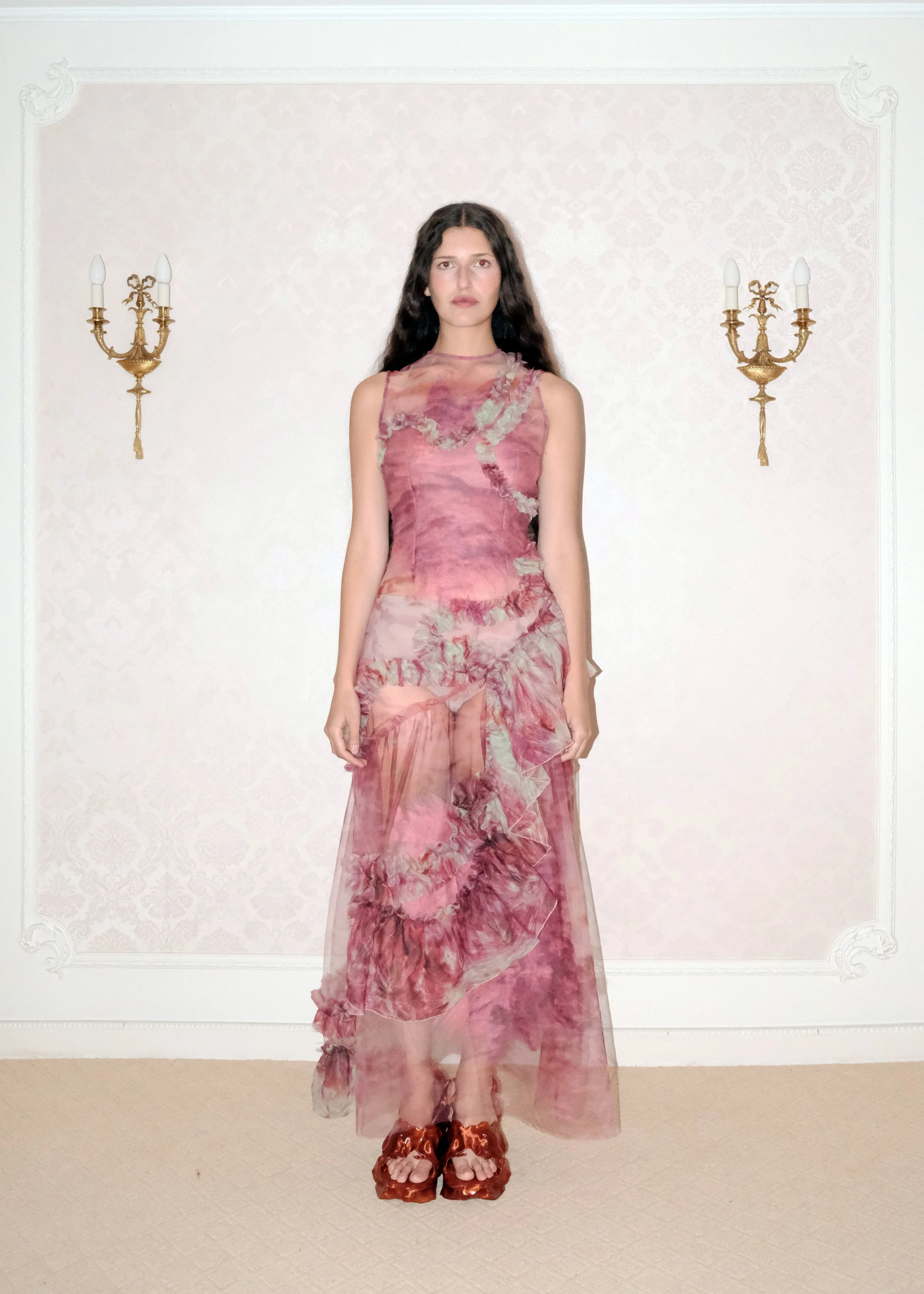 Flourishing Dress by Clara Pinto – full length front view, digitally printed pink tulle with hand-felted wool and green tulle frills