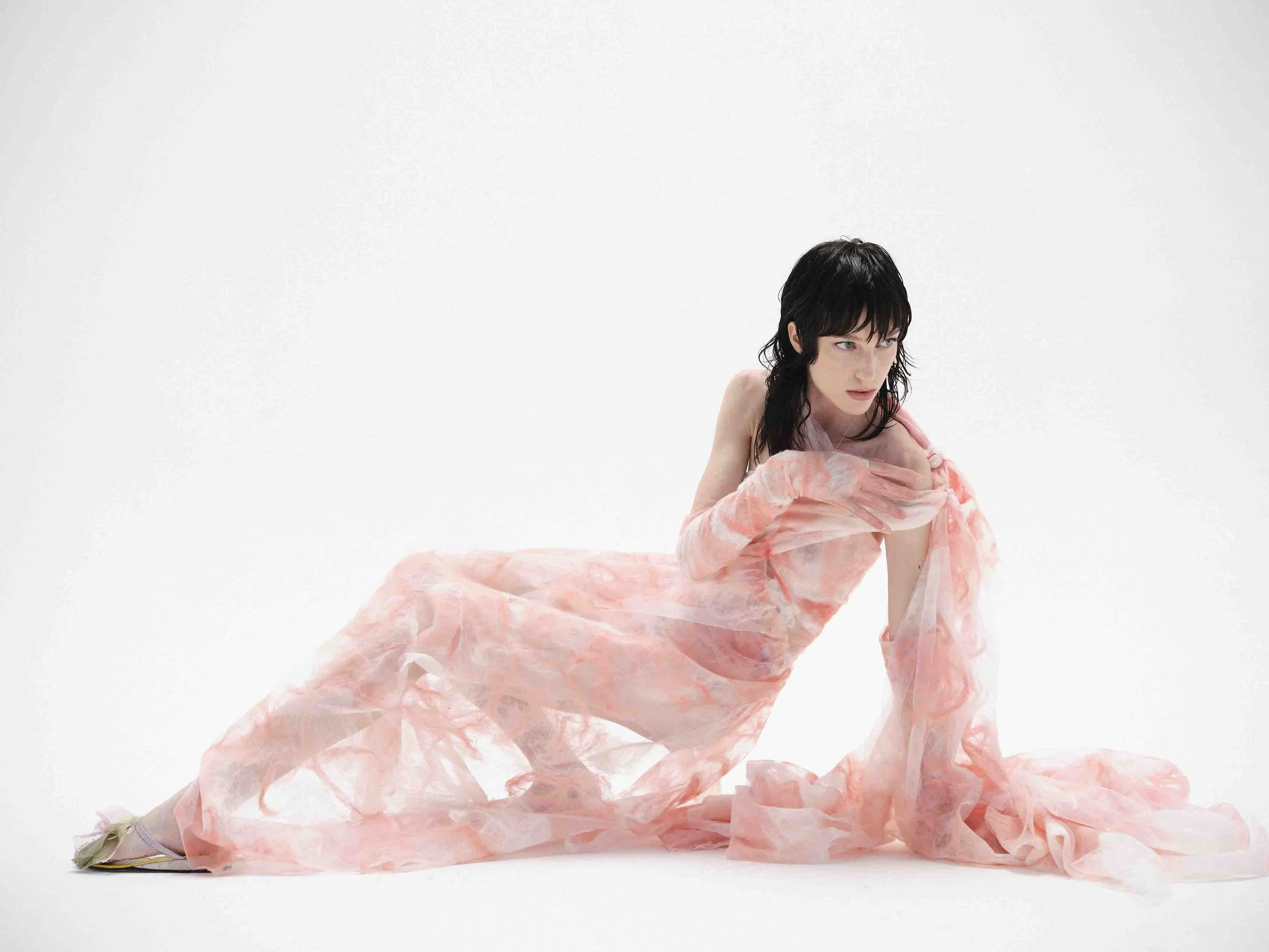 Person in a flowing, translucent pink and white dress posed on a white background.