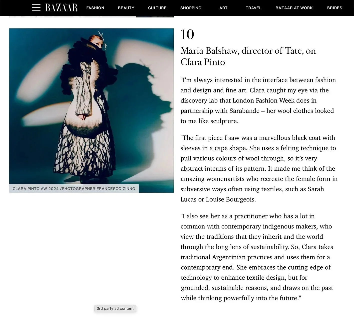 HARPER’S BAZAAR UK PRINT & DIGITAL - REVIEW BY MARIA BALSHAW, DIRECTOR OF TATE MODERN. Celebrating 10 years of Sarabande Foundation Studios - DEC, 2024