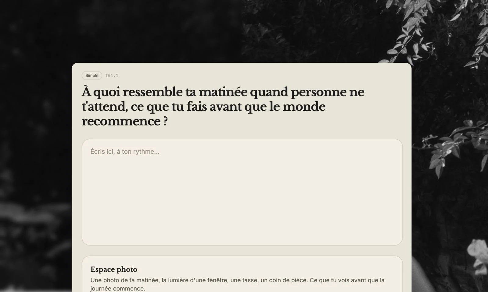 A digital webpage with French text asking about mornings when no one is waiting. It includes a space for writing and a photo prompt describing morning light through a window, a cup, and a corner of a piece of furniture.