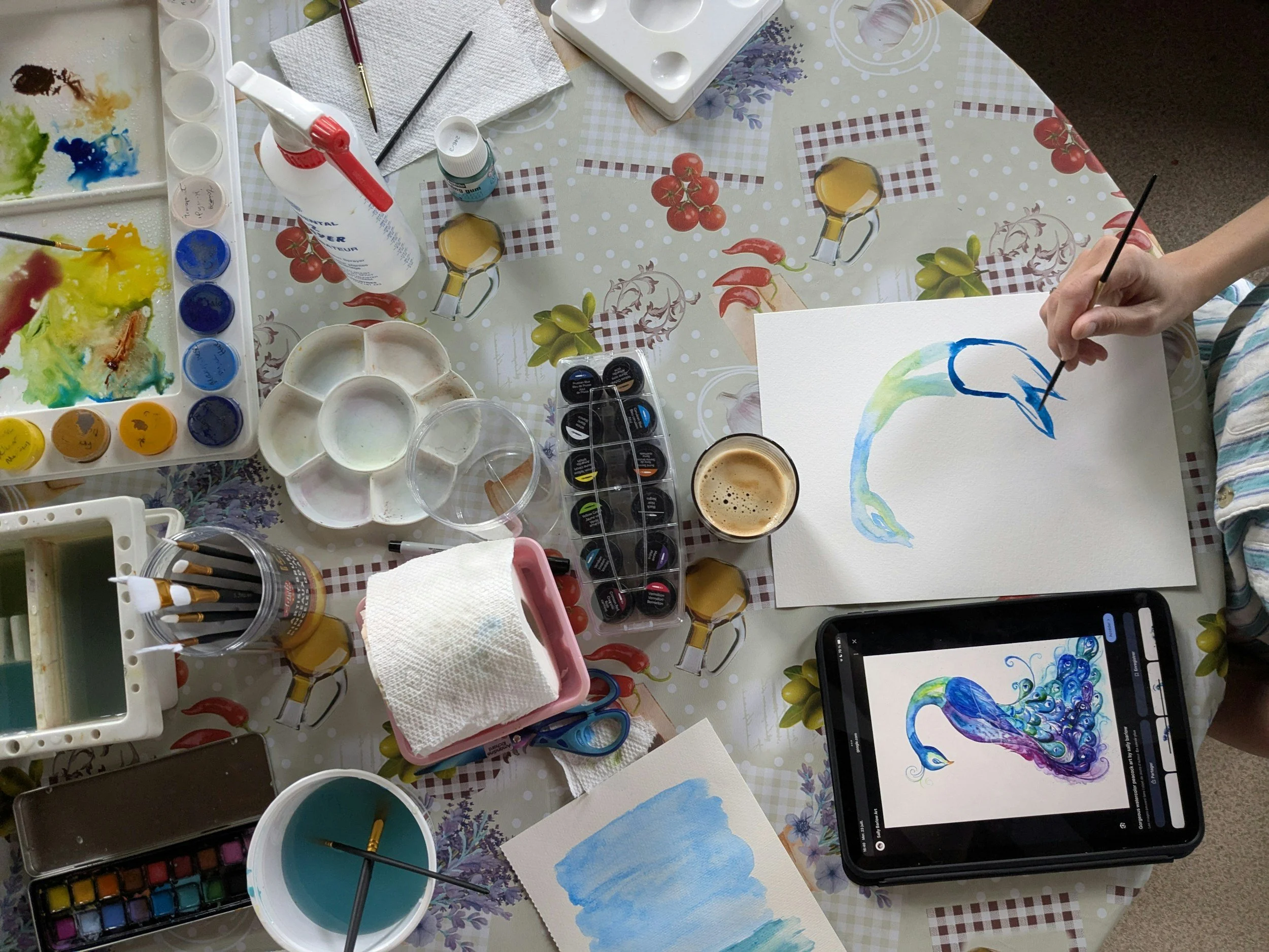 Person painting during an online expressive arts therapy session, using creativity for self-expression, emotional healing, and personal growth.