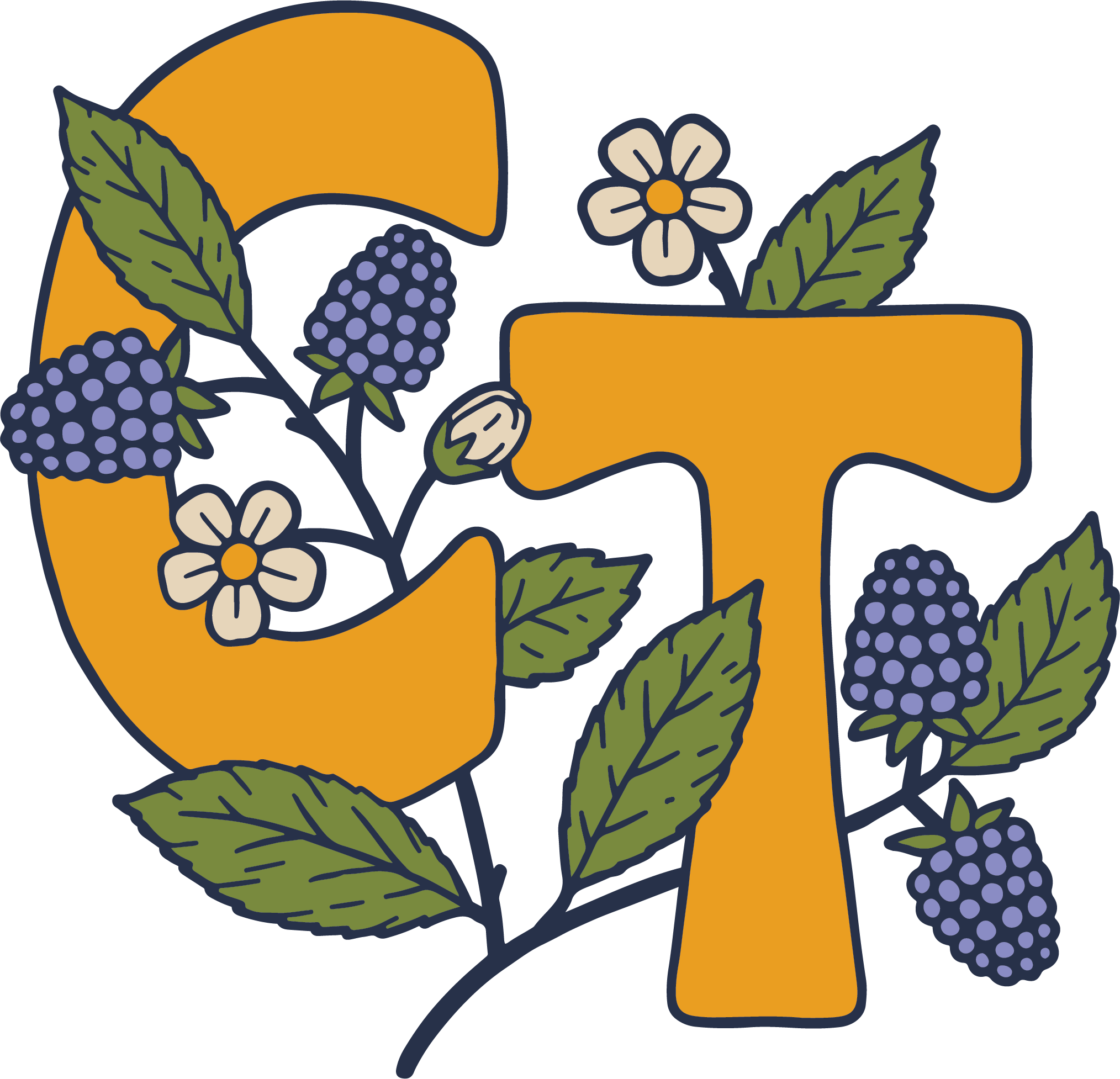 Decorative illustration featuring orange initials CT, green leaves, purple berries, and white flowers with orange centers.