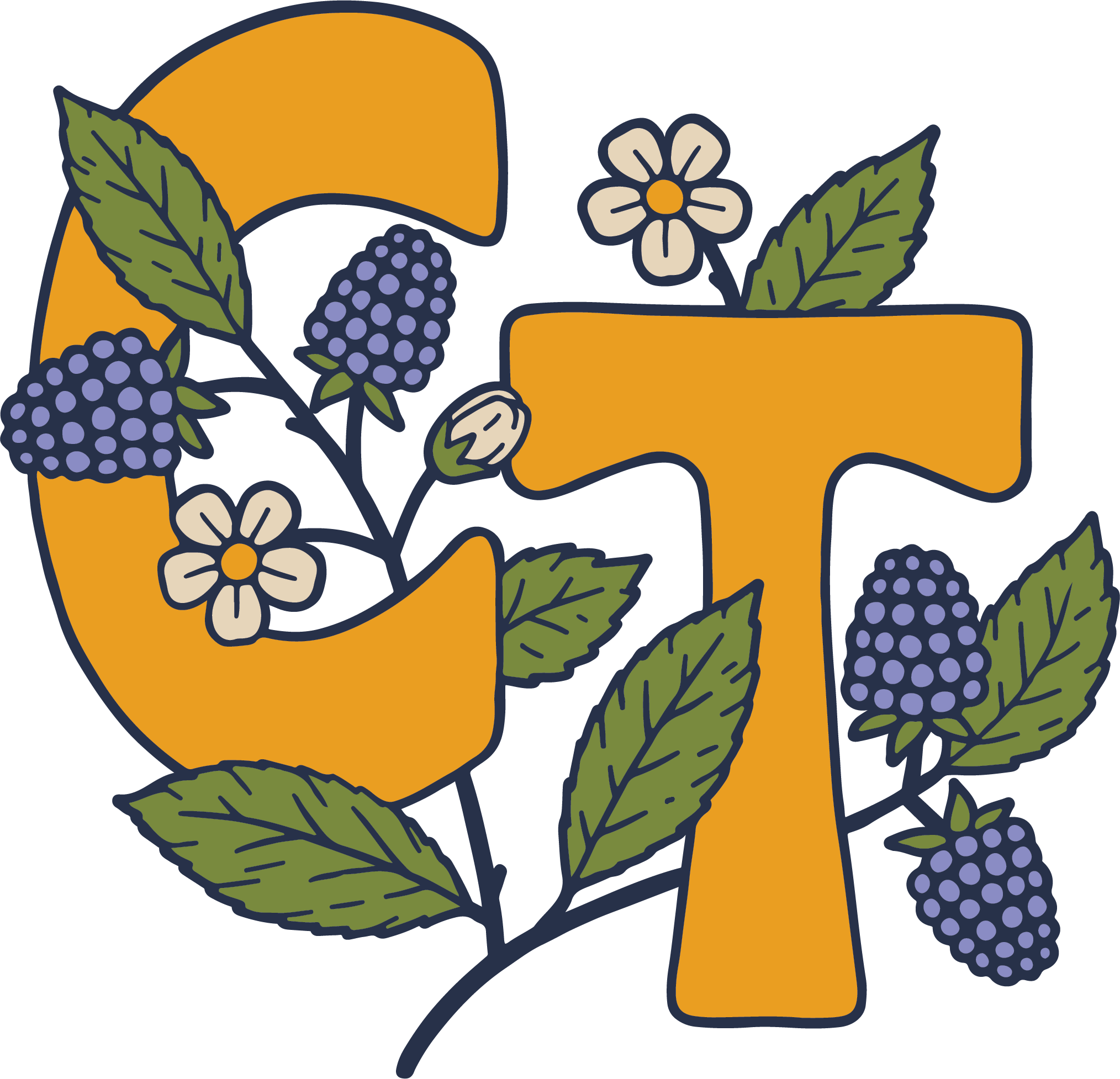 Decorative illustration featuring orange initials CT, green leaves, purple berries, and white flowers with orange centers.