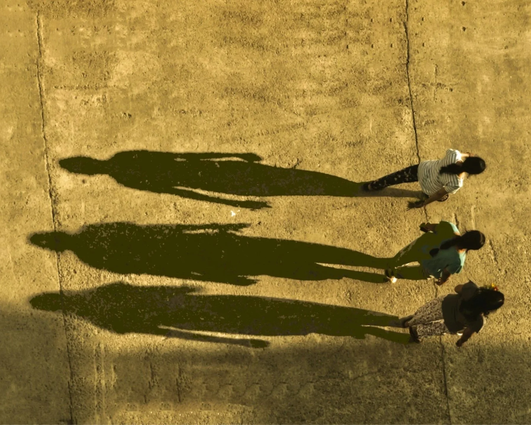 A person standing on a concrete surface casting a long shadow in the sunlight.