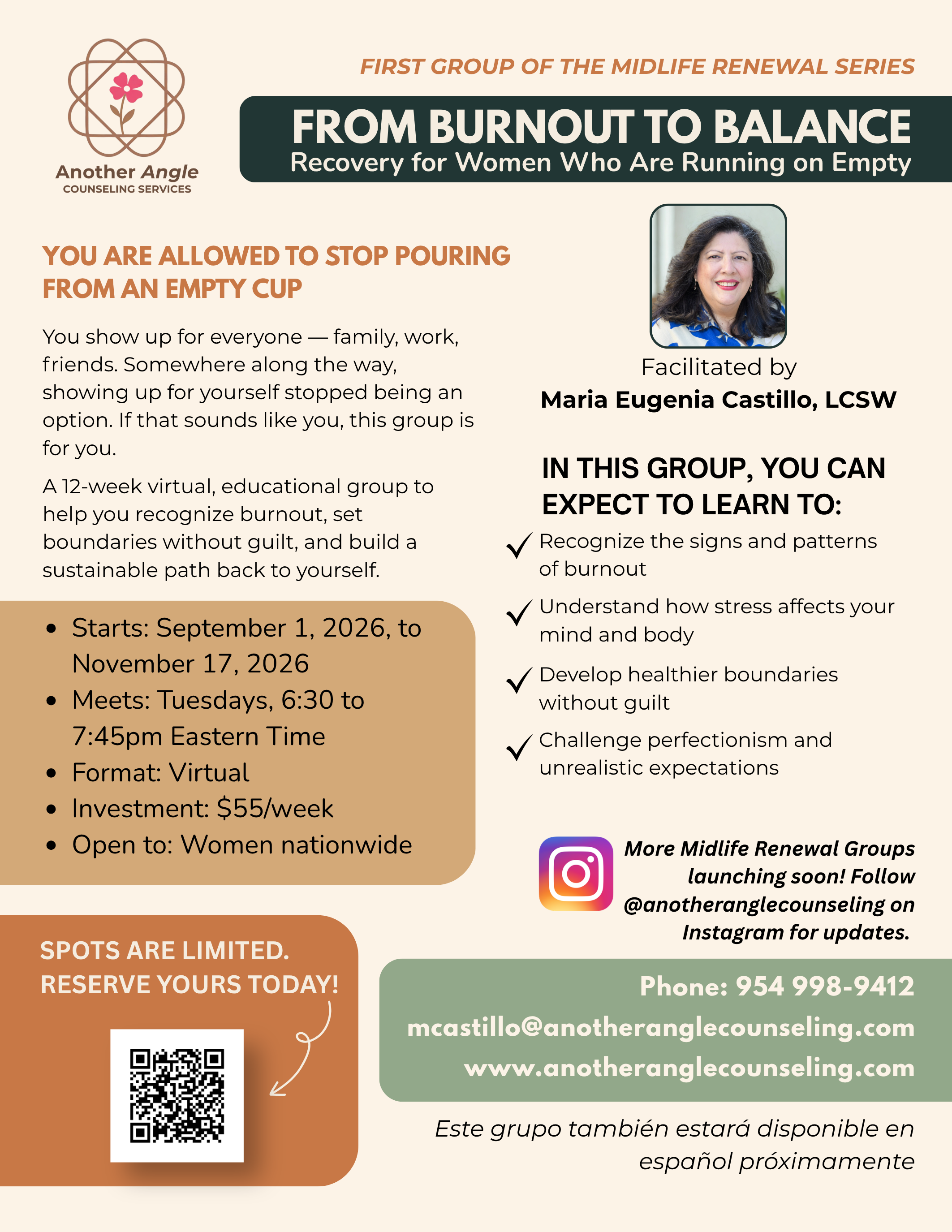 An informational flyer promoting a virtual educational group for women dealing with burnout, led by Maria Eugenia Castillo, LCSW. It includes details about dates, times, cost, contact info, and social media links.