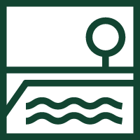 A simple, stylized map or diagram with a circle, lines, and wavy shapes representing water.