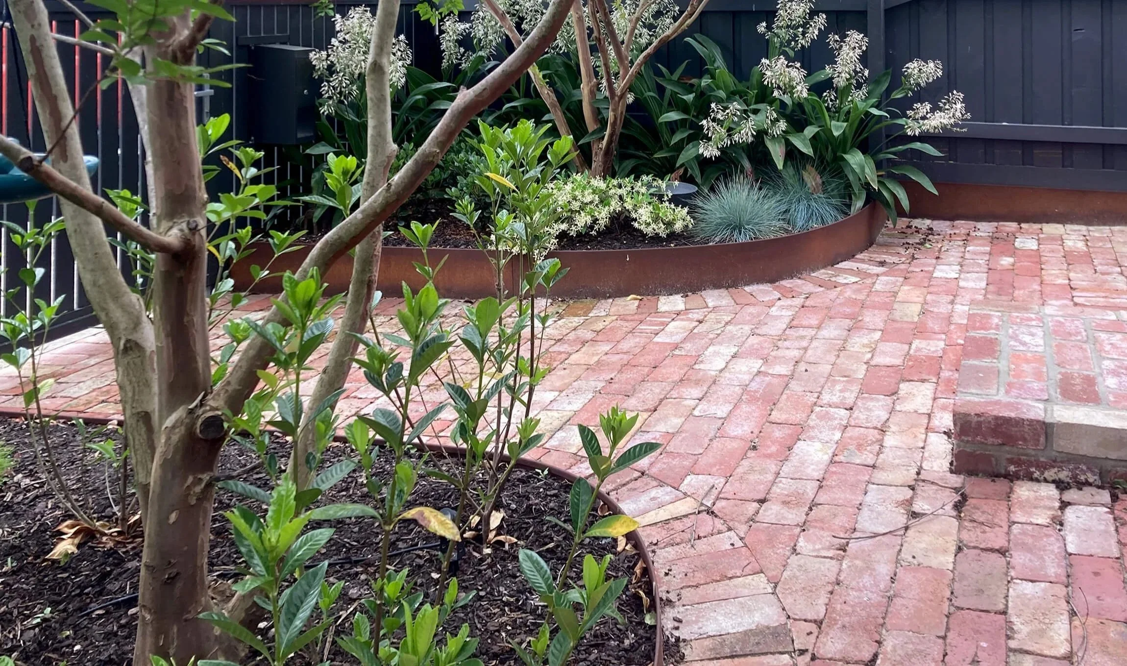 Garden with small flowering plants, trees, and brick-paved circular patio with a black fence in the background.