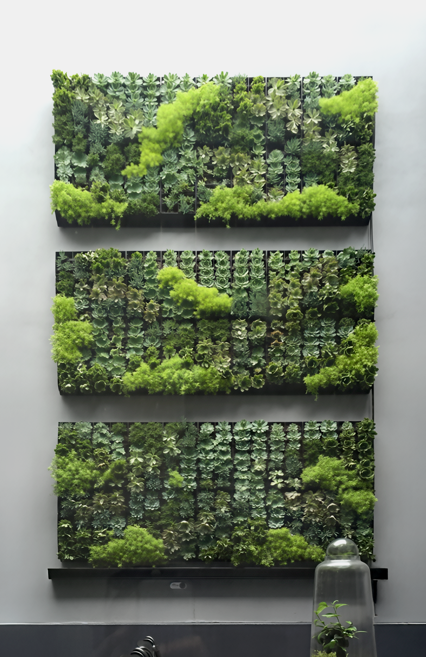 Vertical garden with multiple shelves filled with green succulent plants and small shrubs, mounted on a gray wall.