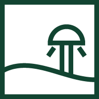 Icon of a beach with a beach umbrella, sun, and waves outside
