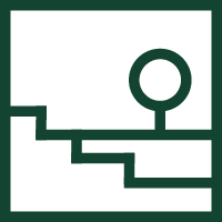 Minimalist landscape with a tree, a body of water, and steps leading to the water.