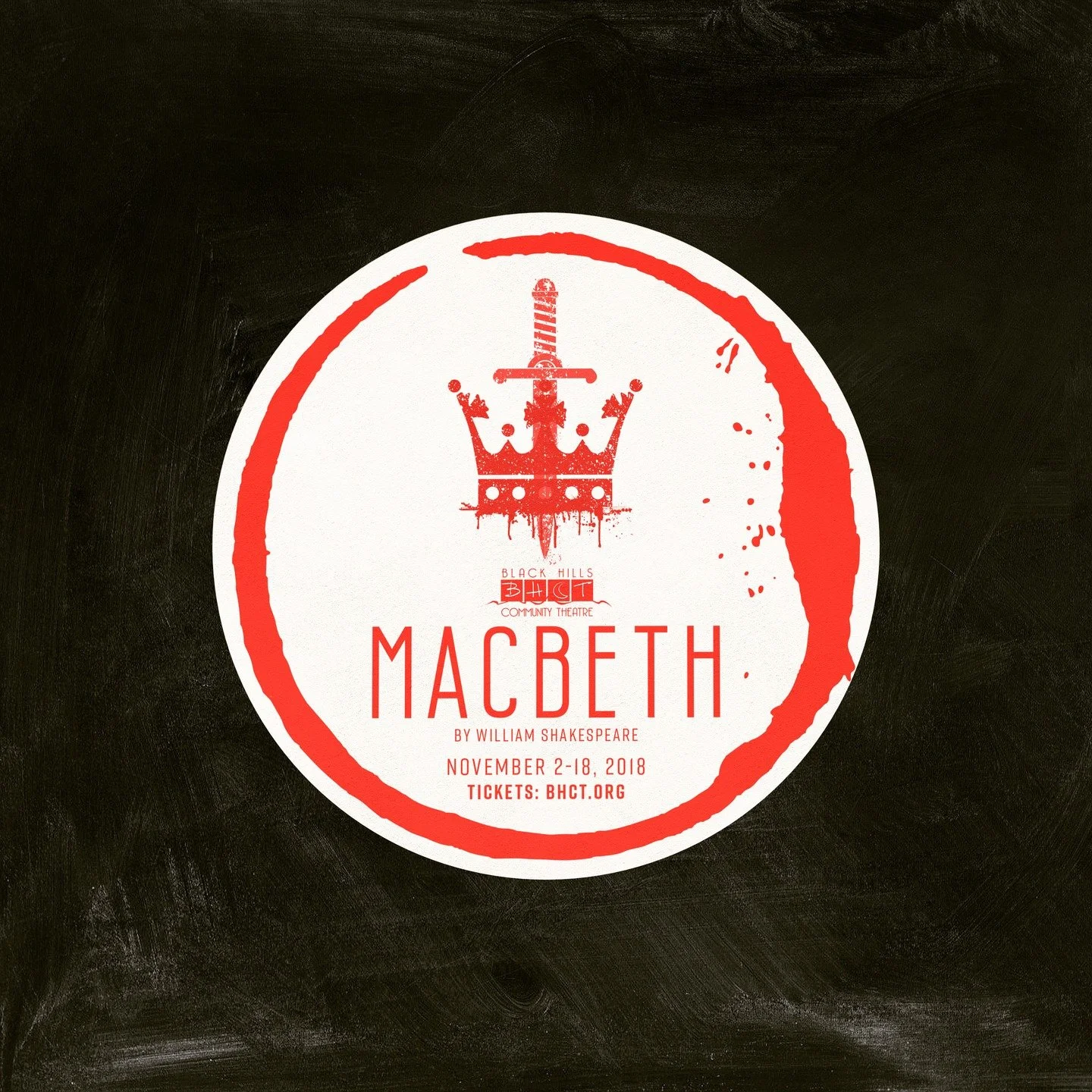 This round, blood-stained coaster for the famously bloody Shakespeare play, MACBETH, proved to be a creative way to get audiences talking about the upcoming production at Black Hills Community Theatre (@bhcommunitytheatre) in 2018.

#graphicdesign #t
