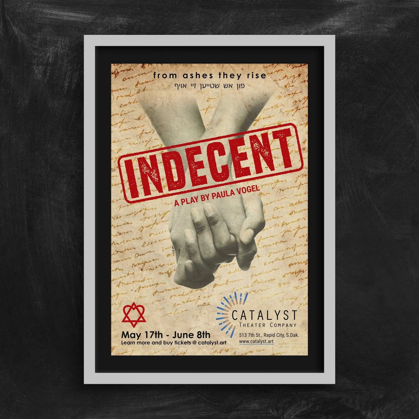 Poster design for Catalyst Theater Company's (@catalyst.rc) 2024 production of Paula Vogel's brilliant play with music, INDECENT.

#theatre #rapidcitysd #indecent #catalysttheatercompany #posterdesign #theater #performingarts #graphicdesign #vitaopus