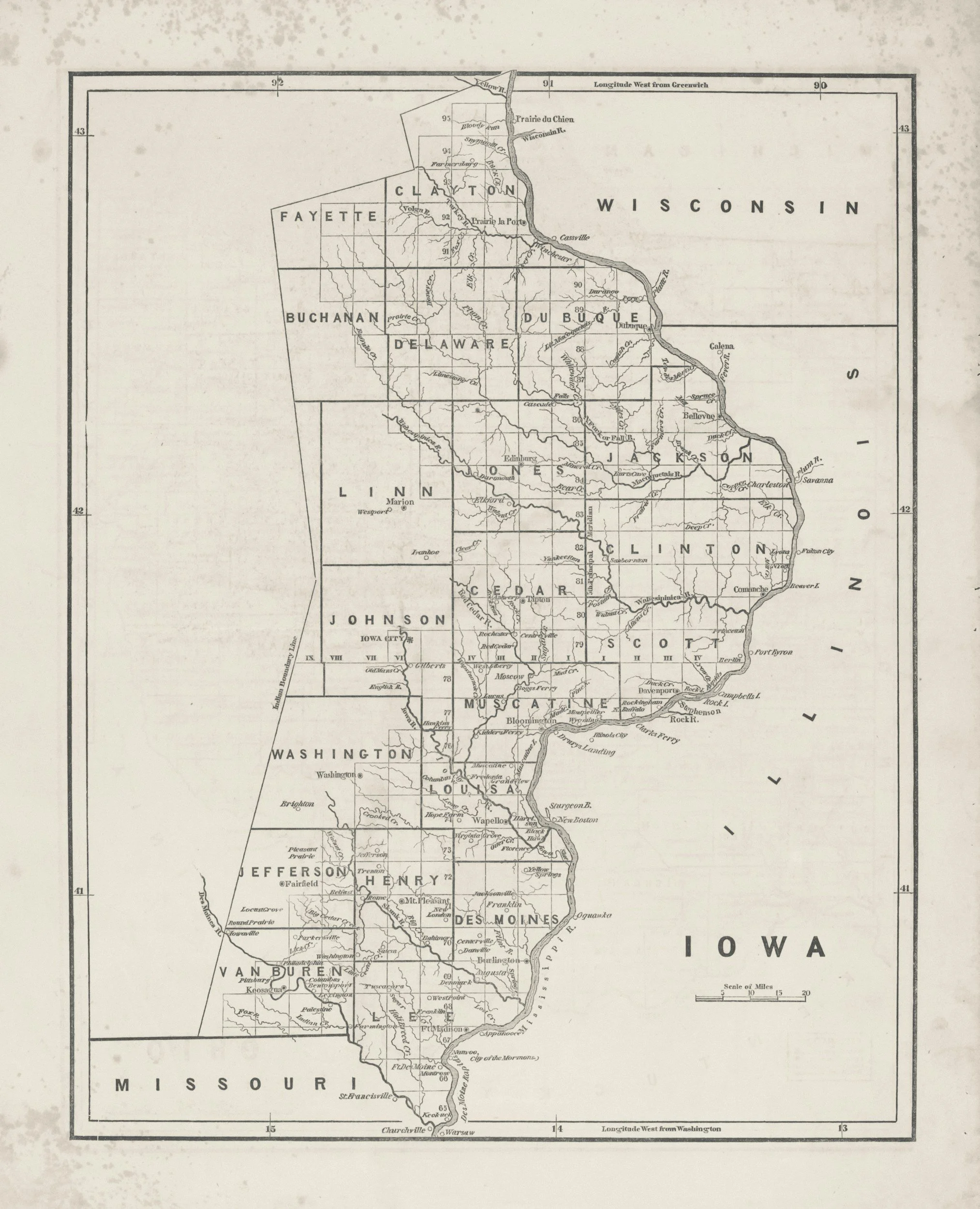 Historic black and white map displaying the state of Iowa, with counties outlined and labeled, showing geographical features and locations.