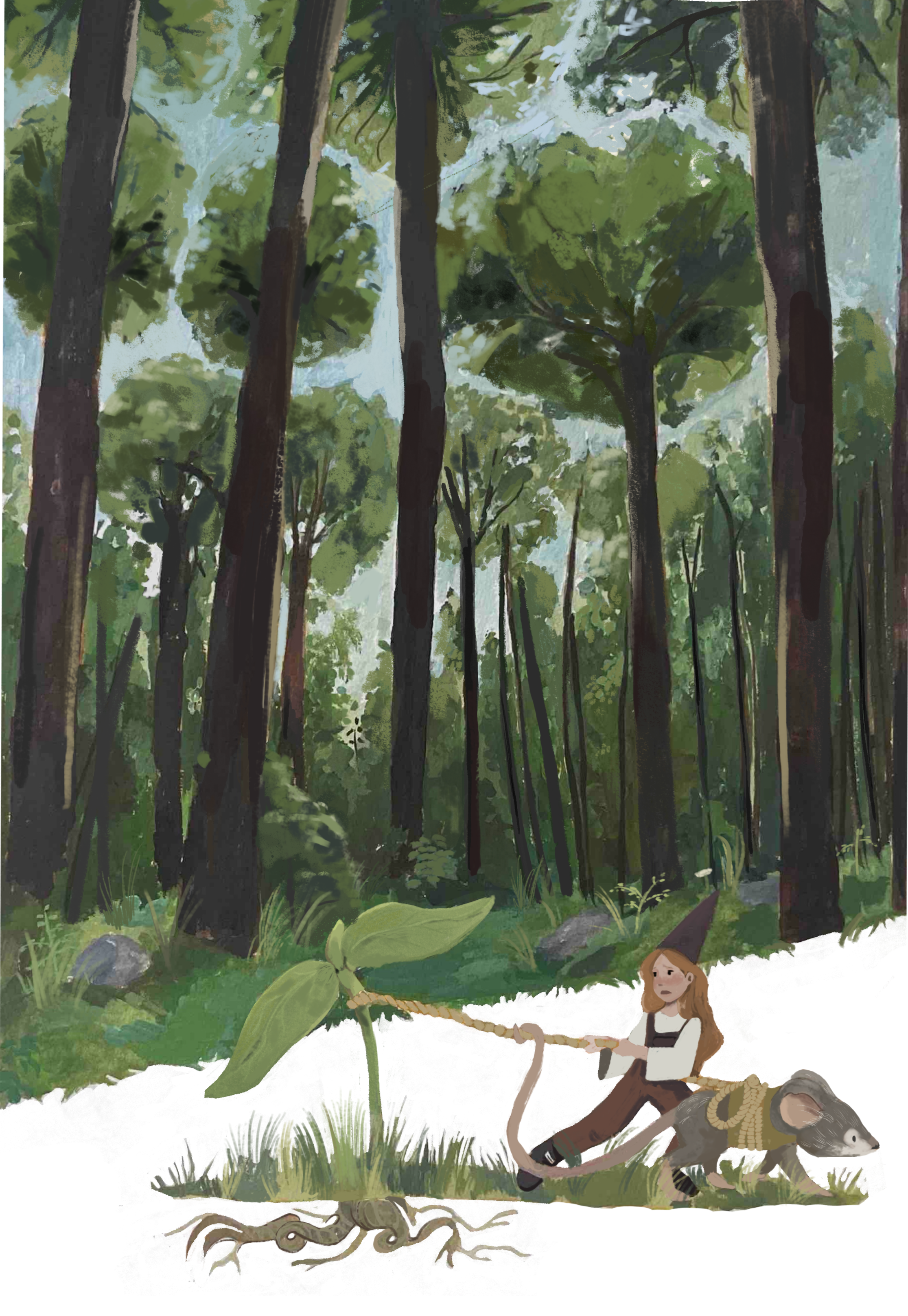 A young girl with long hair pulls on a thick rope in a forest, accompanied by a large rat. The forest has tall trees with green foliage, and the ground is covered in grass and roots.