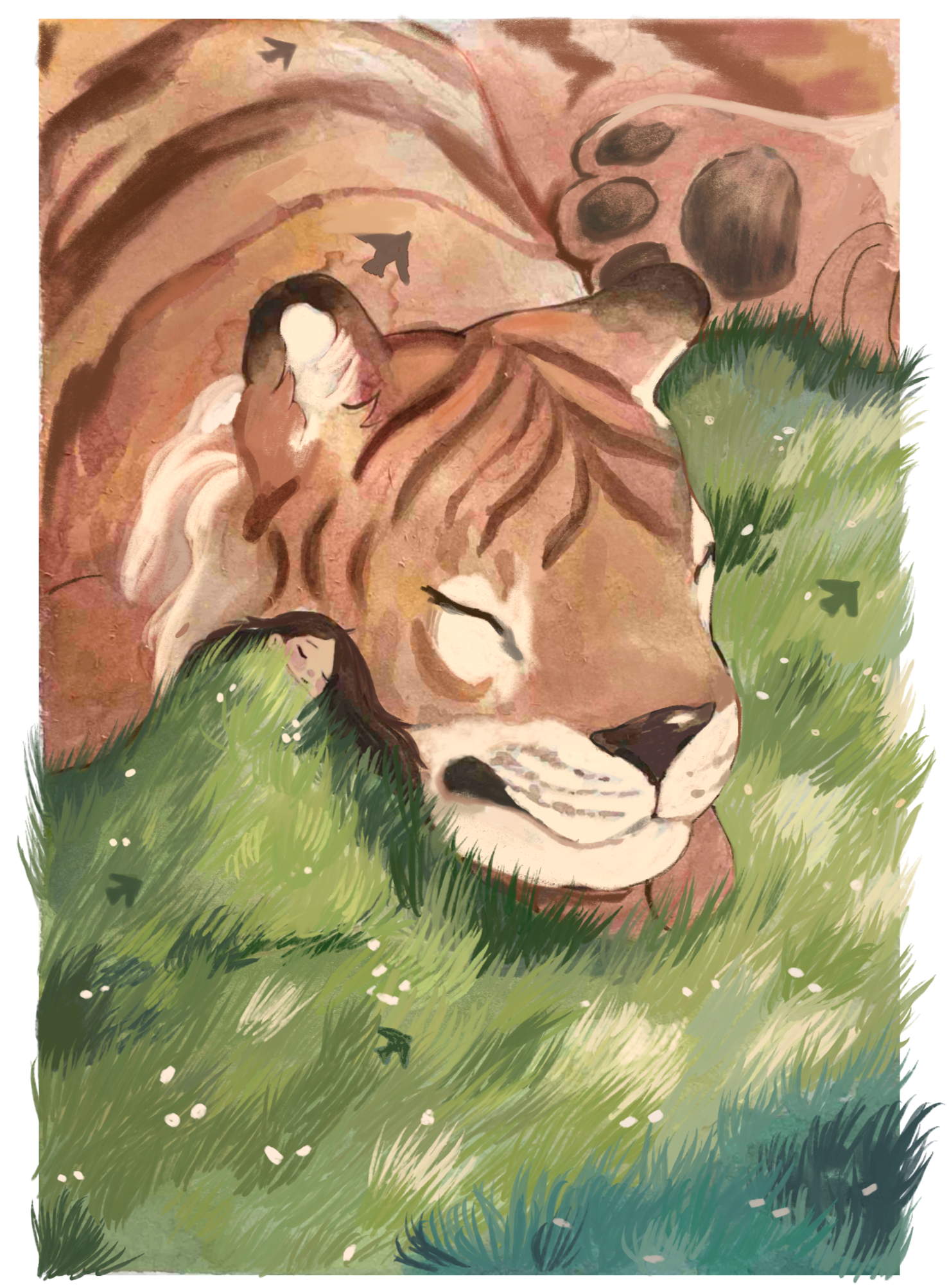 A loving tiger resting with a small, surrounded by lush green grass and a little girl is next to it.