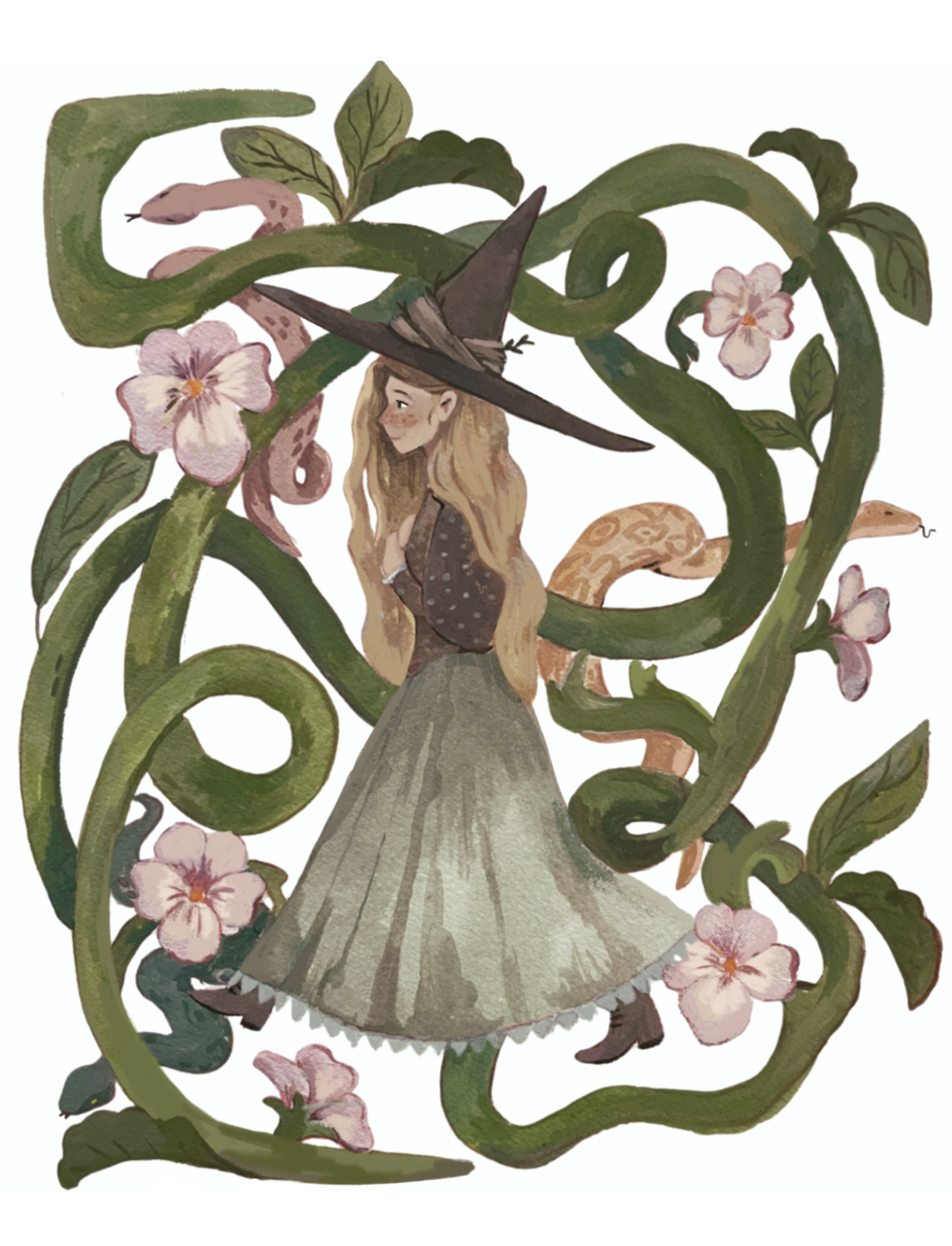 A whimsical illustration featuring a young girl with long blonde hair, dressed in period clothing, wearing a tall pointed witch's hat, surrounded by green vines and pink flowers.