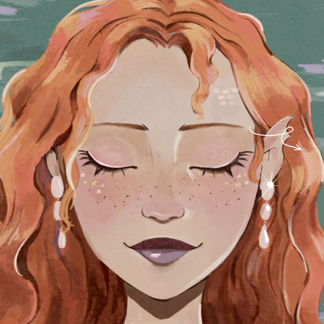 Digital illustration of a mermaid with closed eyes, wavy red hair, and light makeup with sparkles and star-shaped freckles on her face, wearing large earrings.
