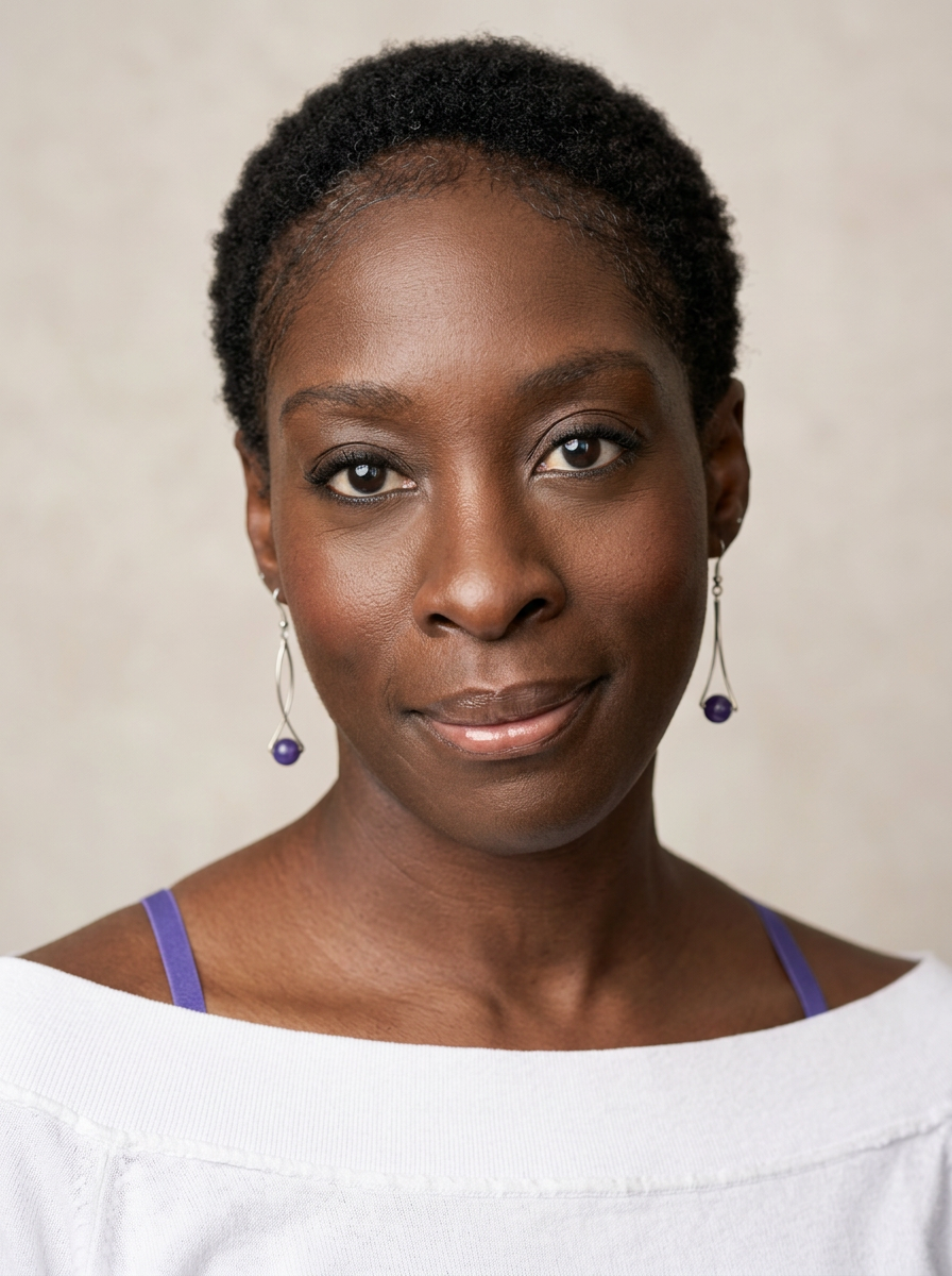 Close-up portrait of a woman with dark skin, short natural hair, wearing hoop earrings with purple beads, a white top, and purple straps visible underneath.