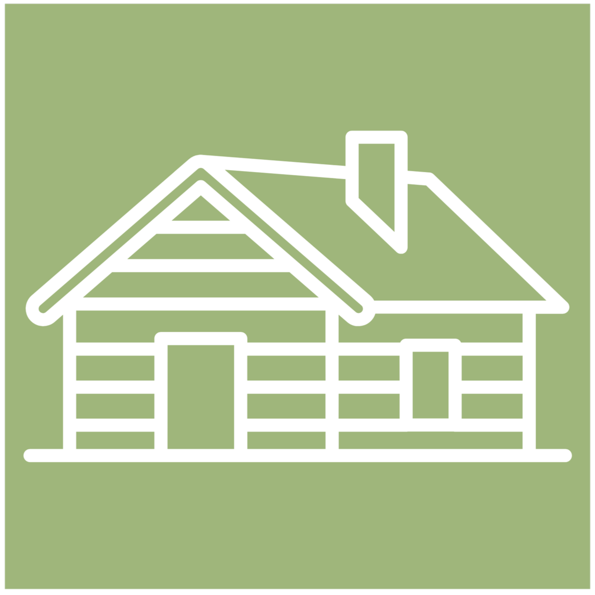 Outline drawing of a house on a green background.