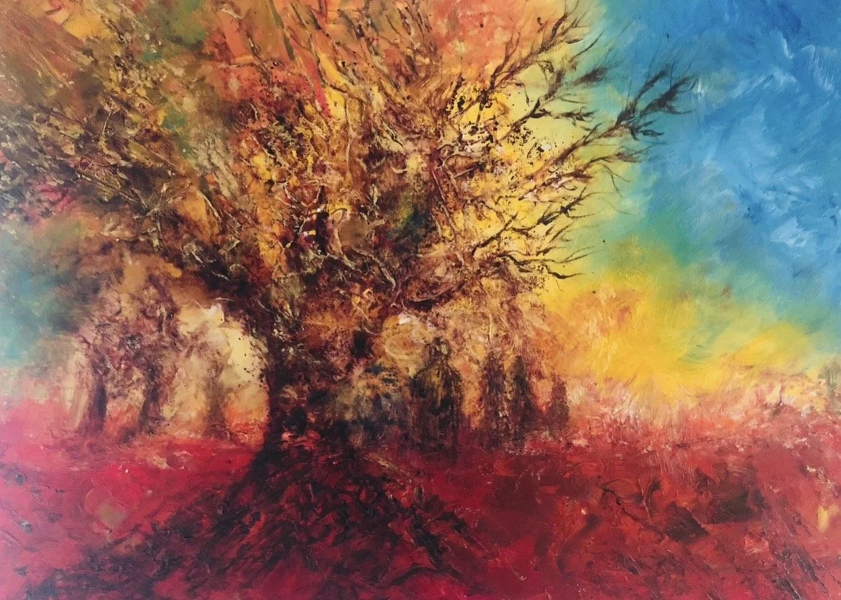 Colorful abstract painting of a tree with a vibrant sky background in shades of blue, yellow, and orange, and a reddish foreground.