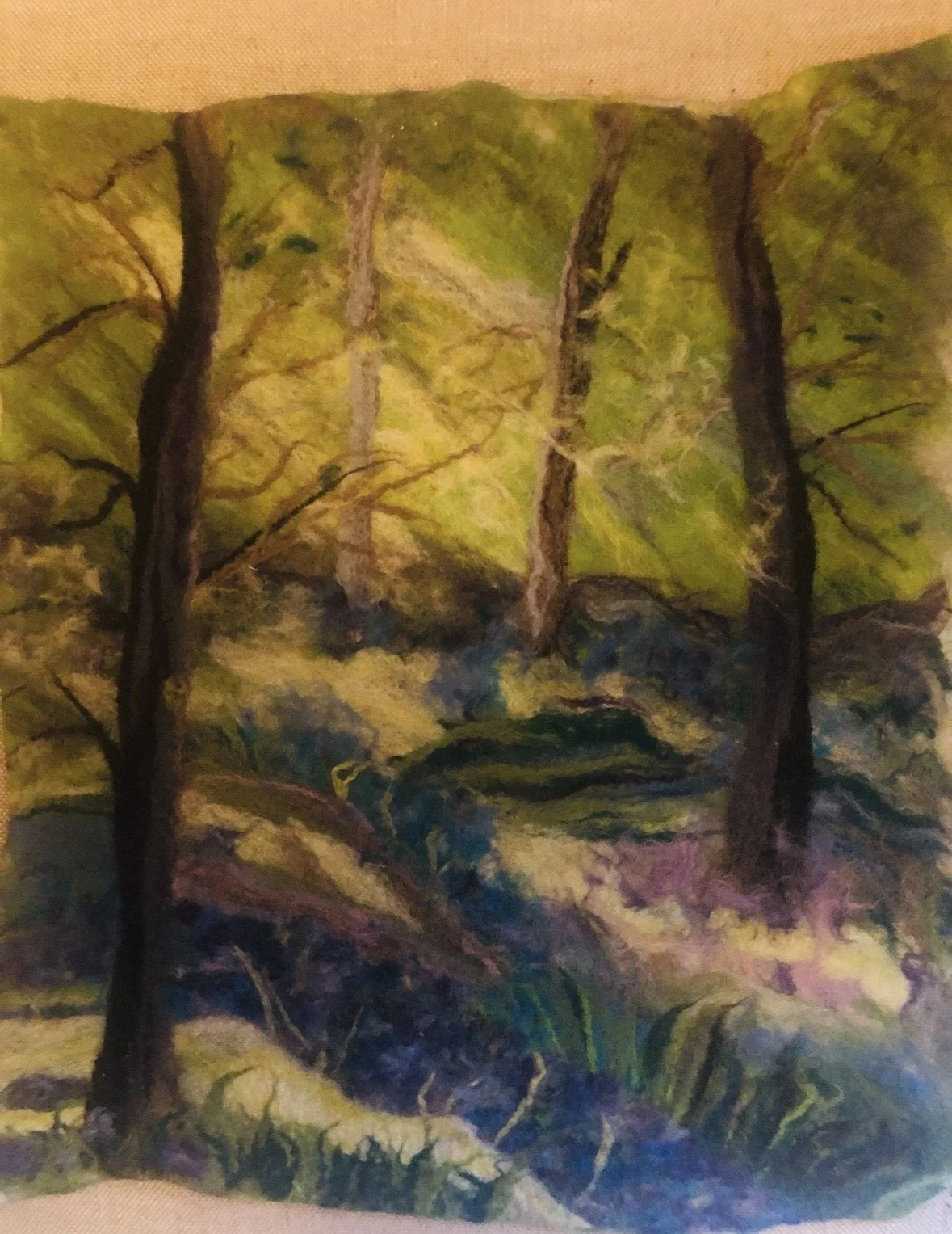 A painting of a forest scene with tall trees, green foliage, and a small stream running through the ground.
