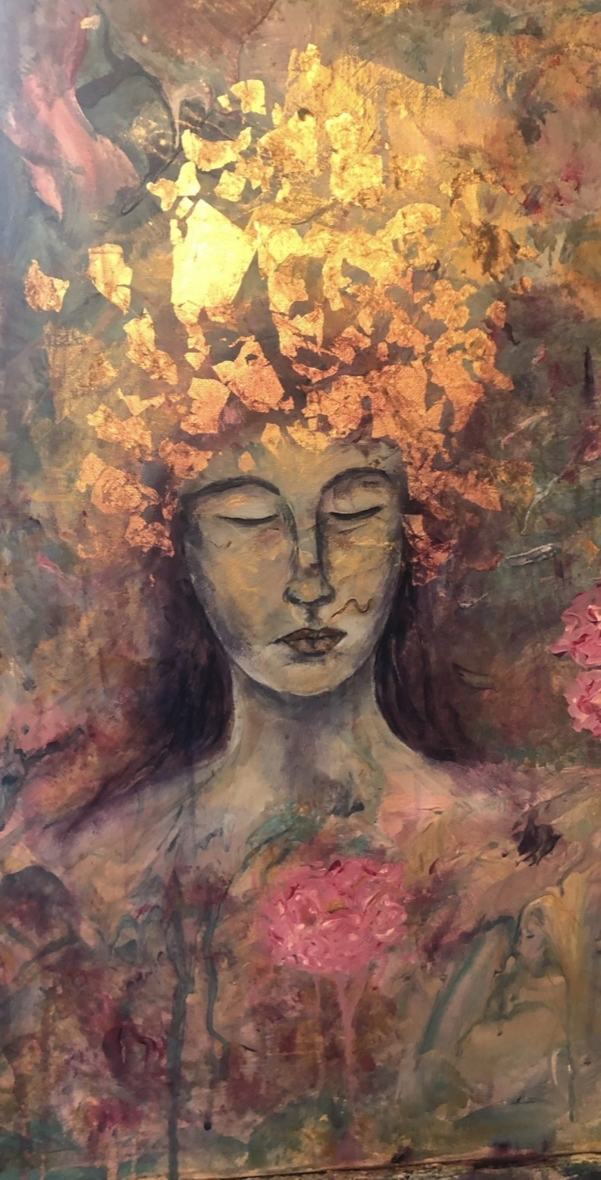 A painting of a woman with closed eyes, dark hair, and a serene expression, surrounded by pink flowers and abstract warm-toned background.