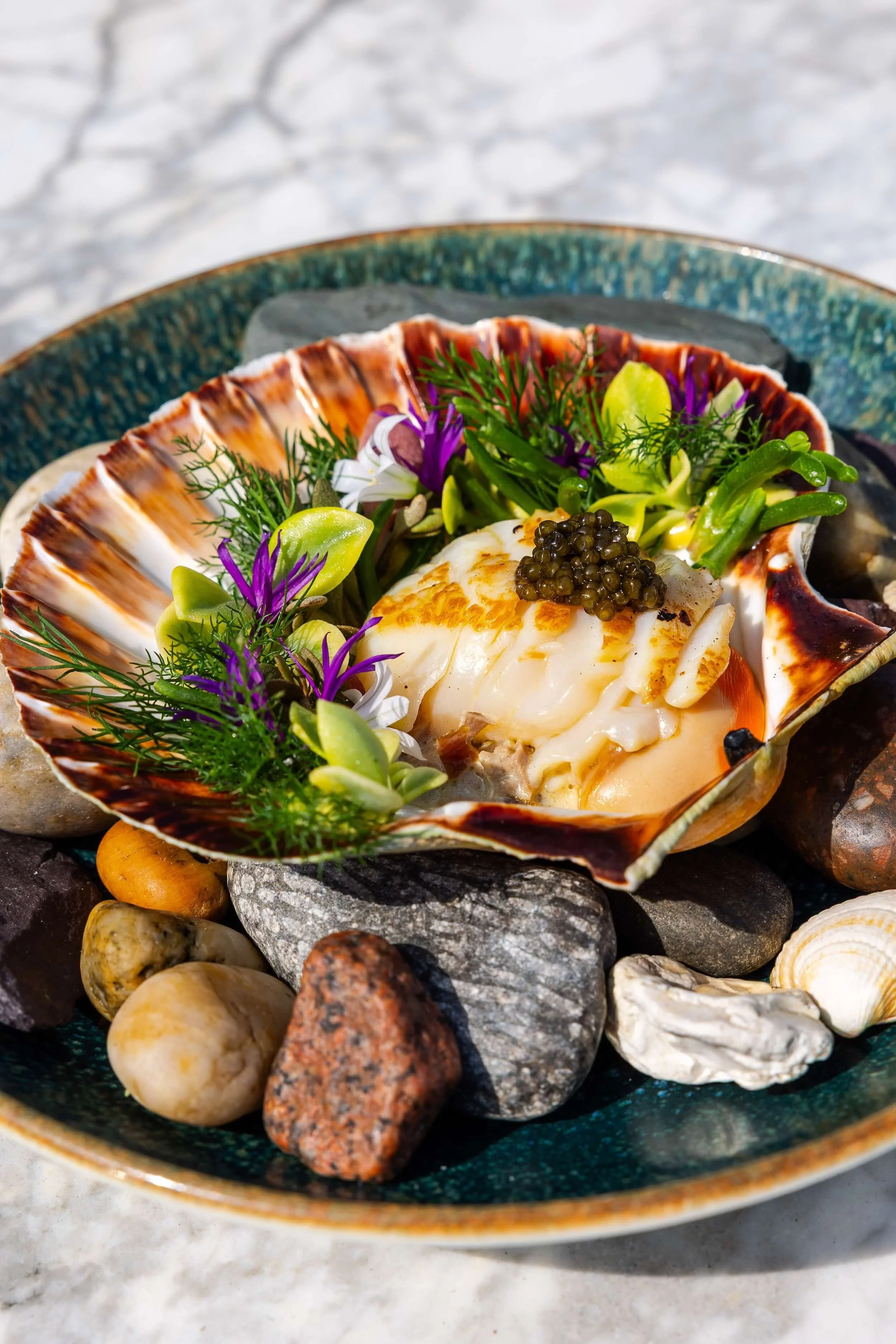 A shell filled with a gourmet dish garnished with herbs, flowers, and caviar, set on a bed of rocks.