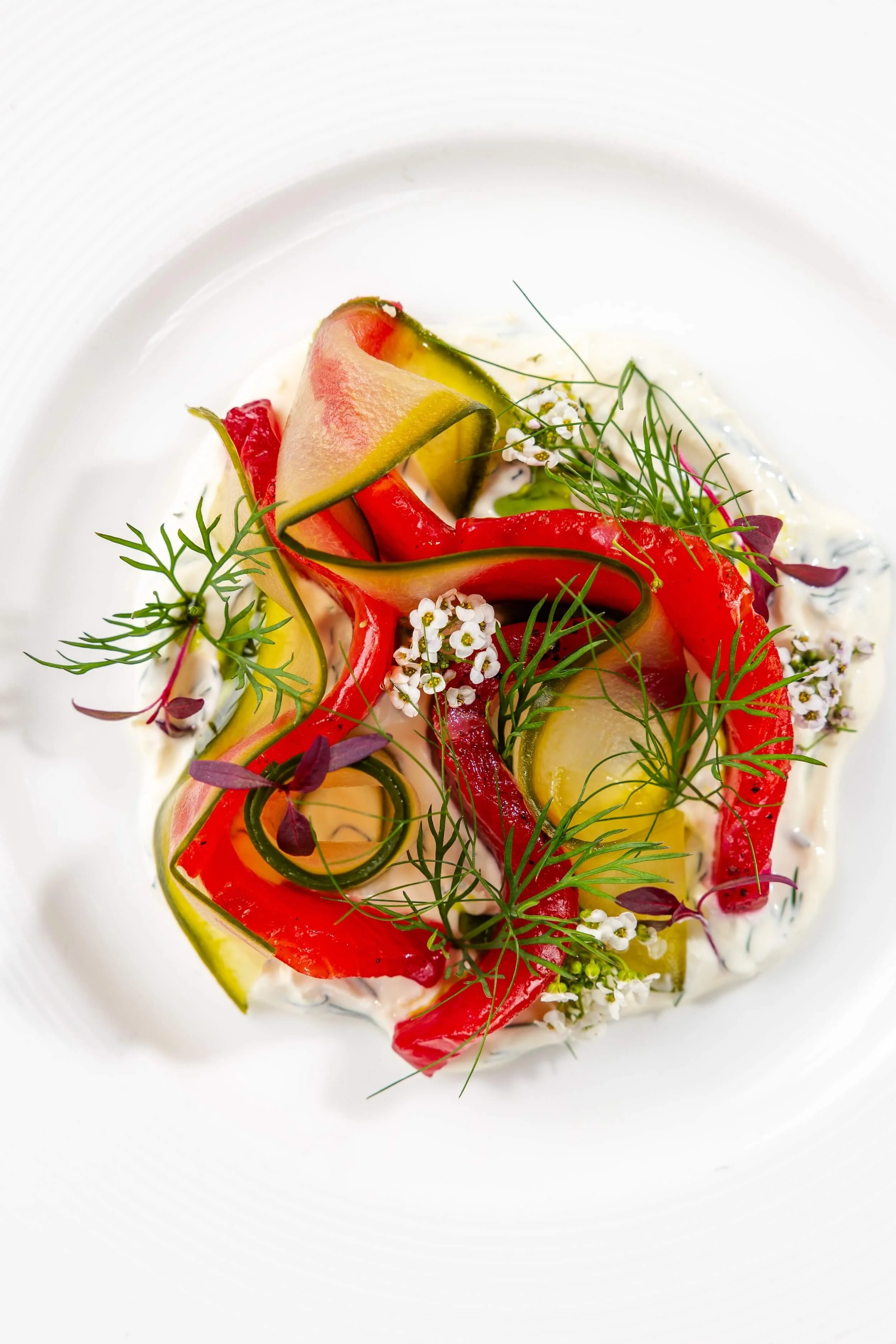 A gourmet salad with thinly sliced cucumbers, red and yellow bell peppers, microgreens, edible flowers, and cream sauce on a white plate.