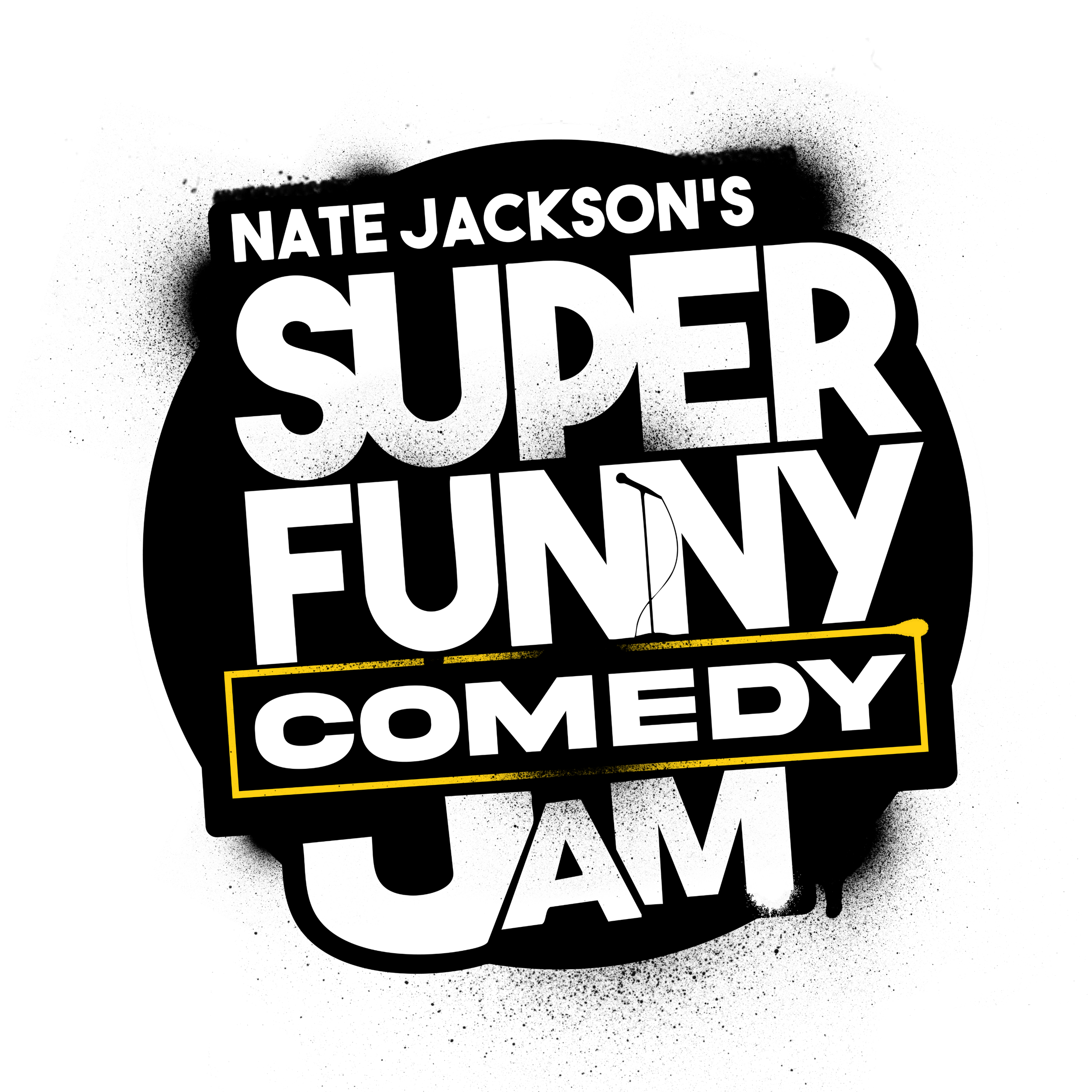Black and white logo with text 'Nate Jackson's' above a stylized circle containing the word 'SUPER' in large bold letters and 'COMEDY' at the bottom, with a yellow underline.