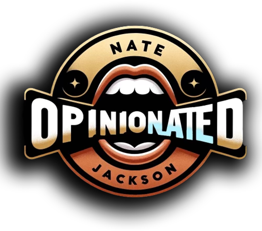 Logo with the words "Nate Jackson" and "Oppinnated" around a stylized open mouth with the letters "OPINNATED" inside, against a black background.