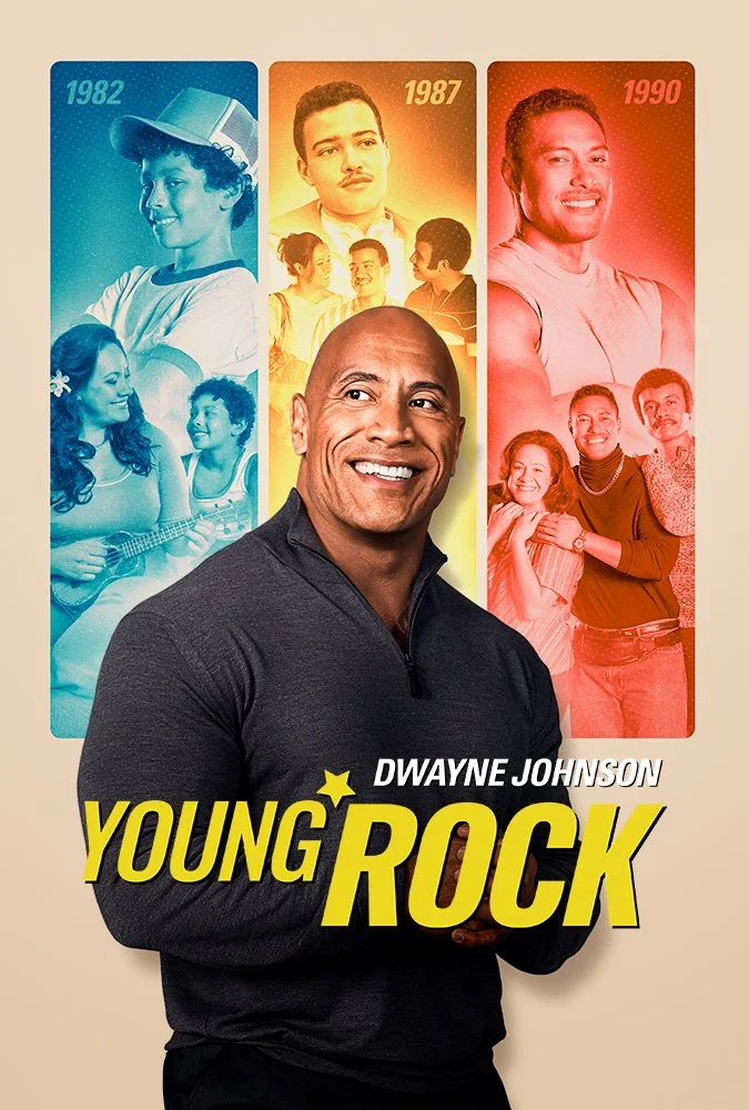 Poster of the movie "Young Rock" featuring Dwayne Johnson. The poster displays three vertical sections with images from different years: 1982 in blue showing a young boy with a baseball cap, 1987 in yellow showing a young man with a mustache and two women, and 1990 in red showing a smiling man with a group of young people. Dwayne Johnson is prominently in the foreground smiling. The title "Young Rock" is in bold yellow text with Dwayne Johnson's name above it.