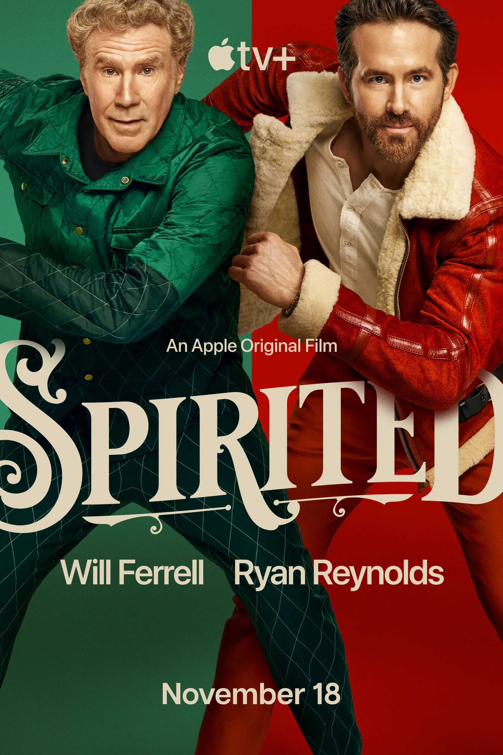 Promotional poster for the Apple TV+ original film "Spirited," featuring actors Will Ferrell and Ryan Reynolds. The poster is divided into two halves with a green background on the left and a red background on the right. Both actors are in a playful pose, with Ferrell on the left wearing a green quilted jacket and Reynolds on the right wearing a red leather jacket with a shear-lined collar. The film's title, "Spirited," is displayed prominently in ornate white lettering, along with the release date, November 18.
