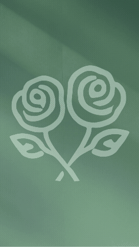 Simple line drawing of two roses with leaves on a green background.