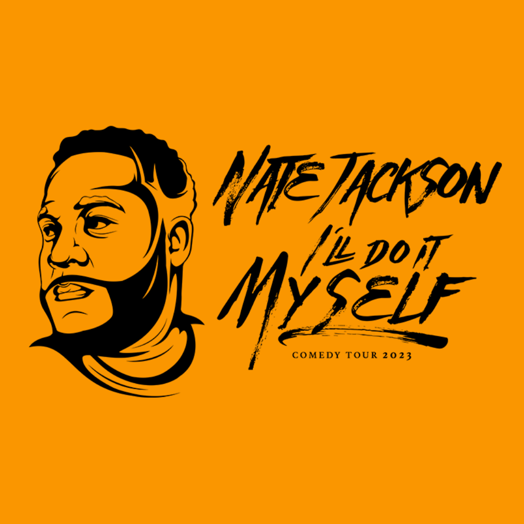 Promotional poster for Nate Jackson's comedy tour 2023 featuring a black-and-white illustration of Nate Jackson's face with an orange background and bold black text.