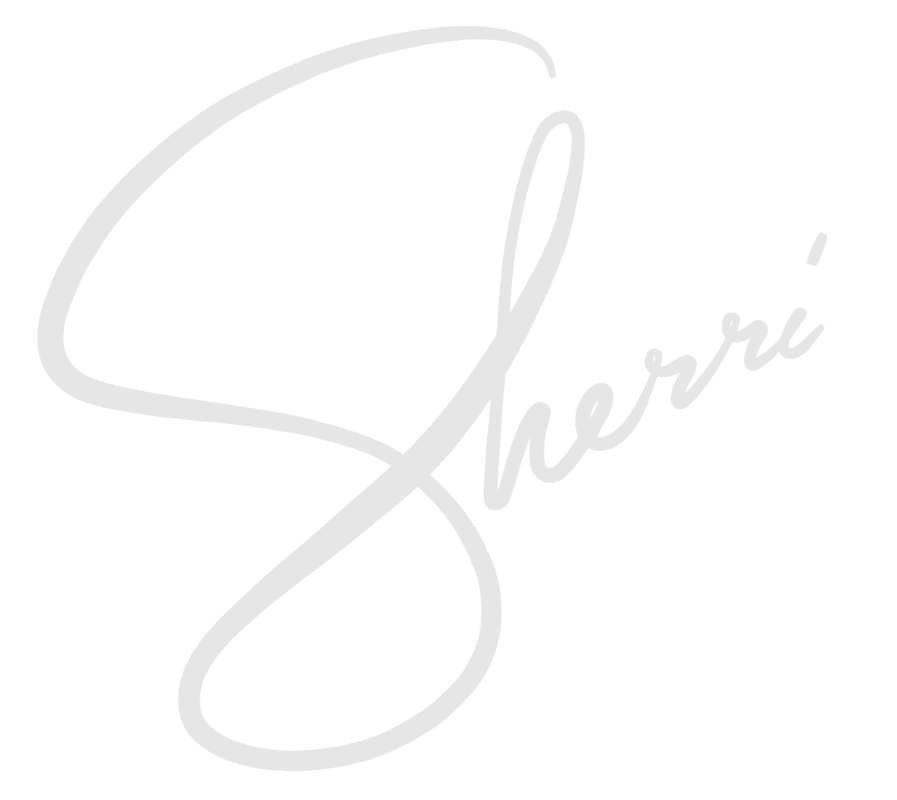 Stylized signature of the name "Sheri" in white on a black background.