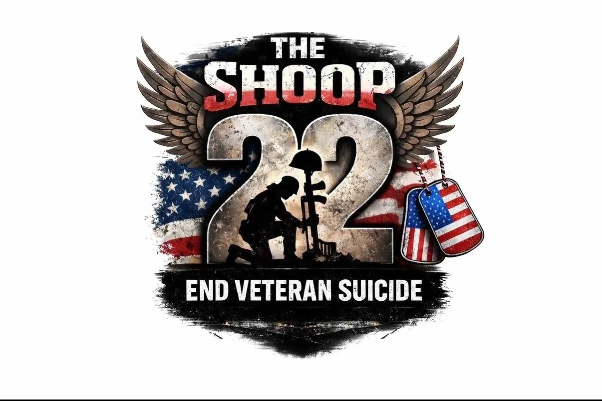 A graphic with a soldier kneeling and working on a piece of equipment, with American flags, military dog tags, and text that reads 'The Shoop 22 End Veteran Suicide'.