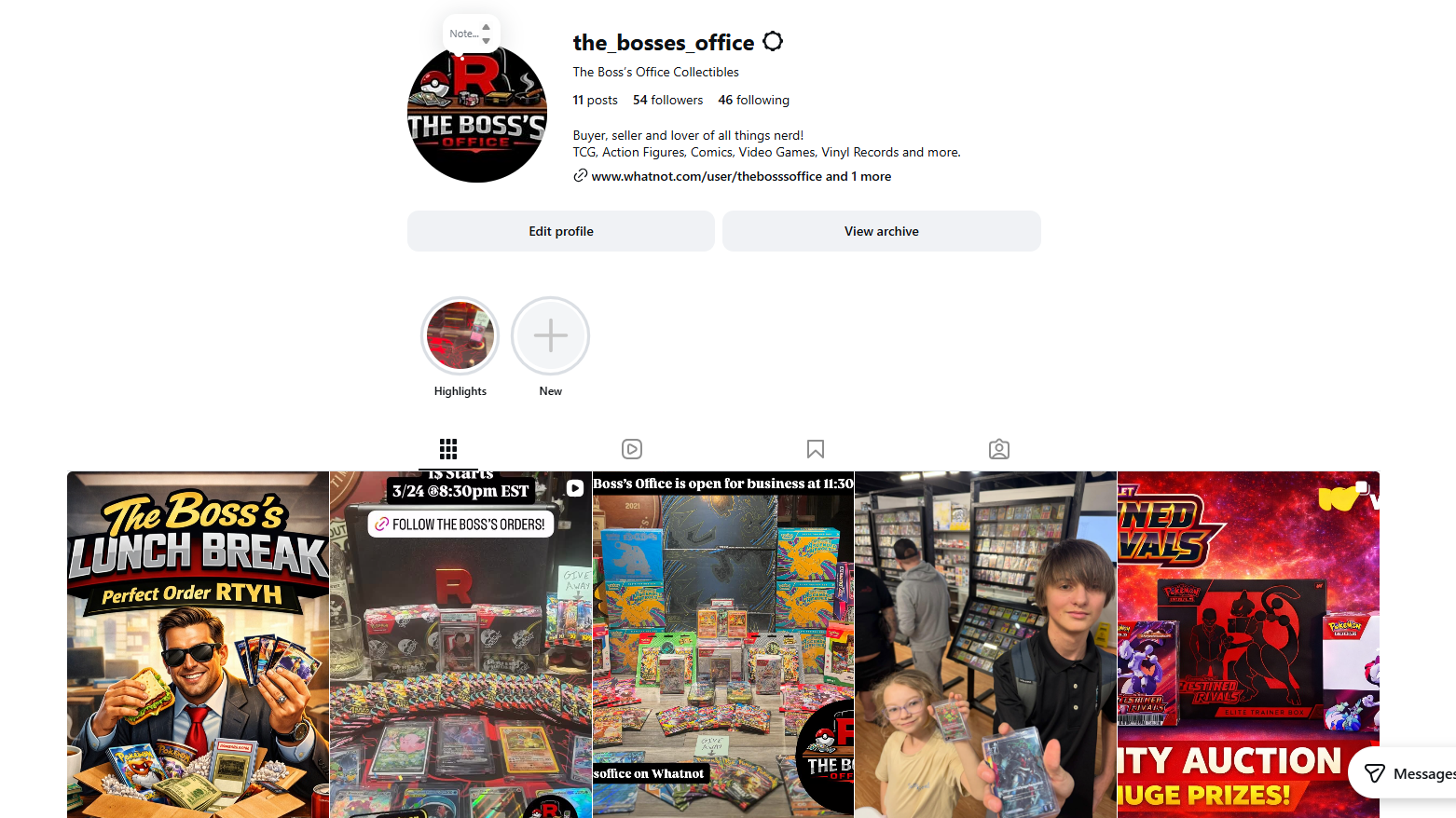 Instagram profile page of the_bosses_office, featuring collectibles related to trading cards, action figures, comics, video games, and vinyl records, with various photos of collectibles and people at a store or event.