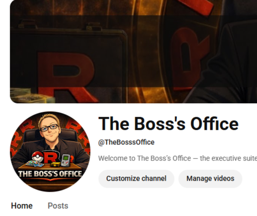 A Twitter profile page for 'The Boss's Office' featuring a cartoon character of a person wearing glasses and a black shirt, with a background of a gaming desk and the Pokémon logo.