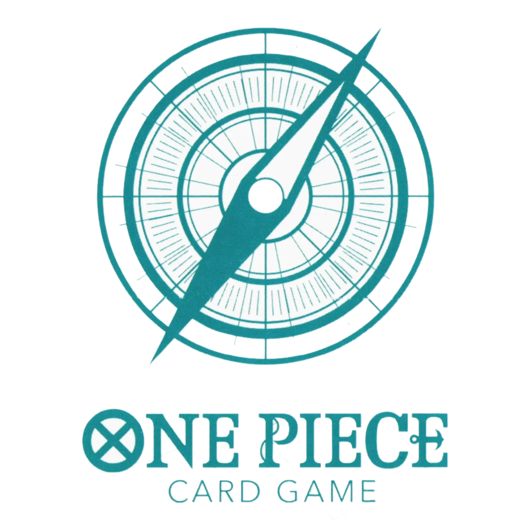 Logo for the card game "One Piece" featuring a stylized compass or wheel with a central hole and pointing needle, with the text "ONE PIECE CARD GAME" underneath.