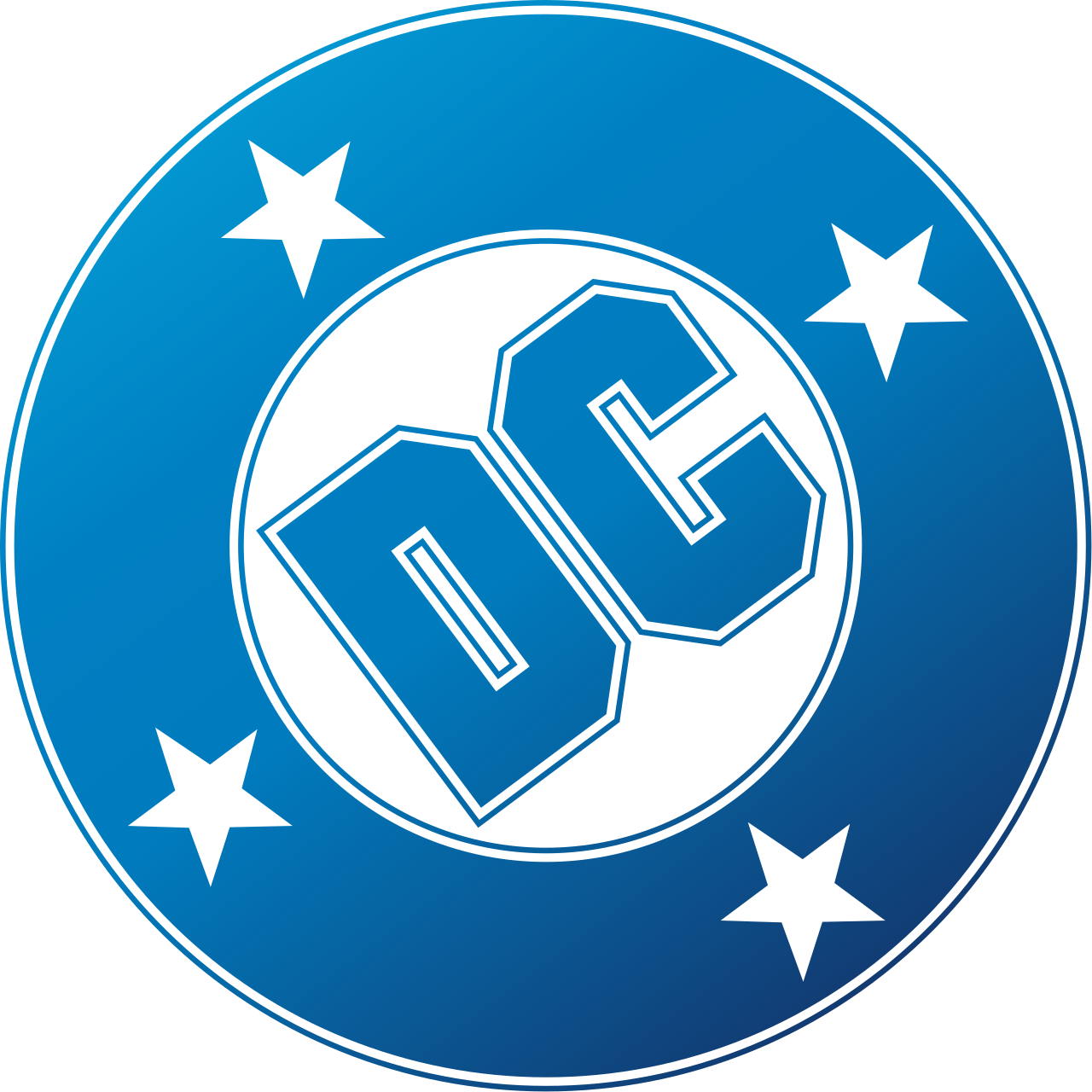 A circular logo with a blue background, featuring the letters 'QC' in the center and four white stars around the edge.