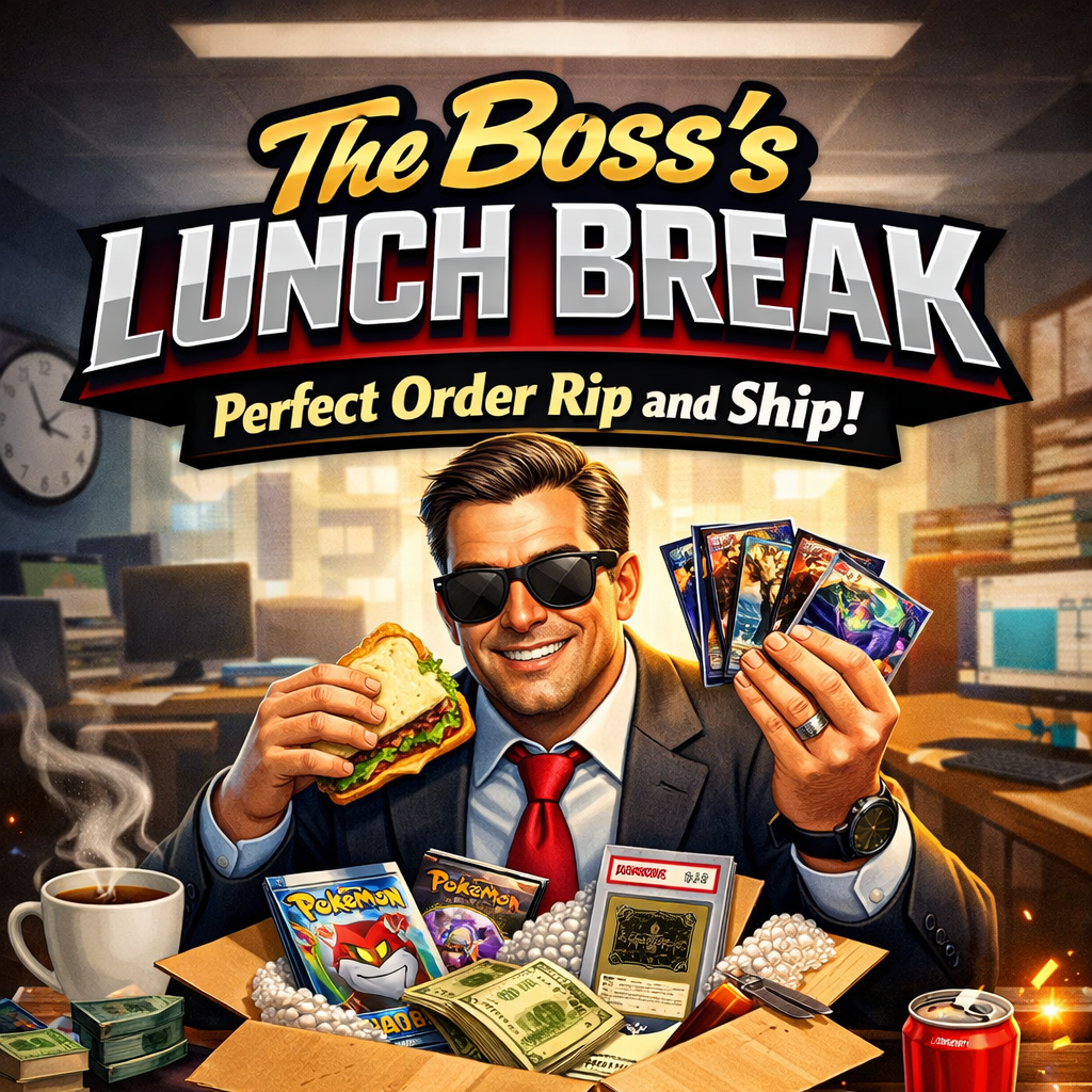 A man in a suit, wearing sunglasses, is smiling while holding a sandwich in one hand and trading cards in the other. The desk in front of him is filled with items including a cup of coffee, stacks of money, Pokémon cards, a comic book, and a box of Pokémon trading cards. The background shows an office setting with computers and a clock on the wall. The image has a bold text banner that reads "The Boss's Lunch Break: Perfect Order Rip and Ship!"