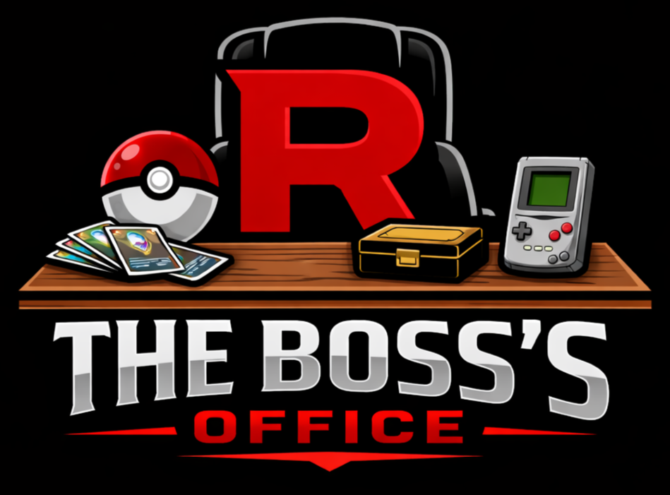 A desk with a Poké Ball, several trading cards, a small yellow toolbox, and a portable gaming device. Behind the desk is a large red letter 'R' and a backpack. Text reads 'The Boss's Office'.