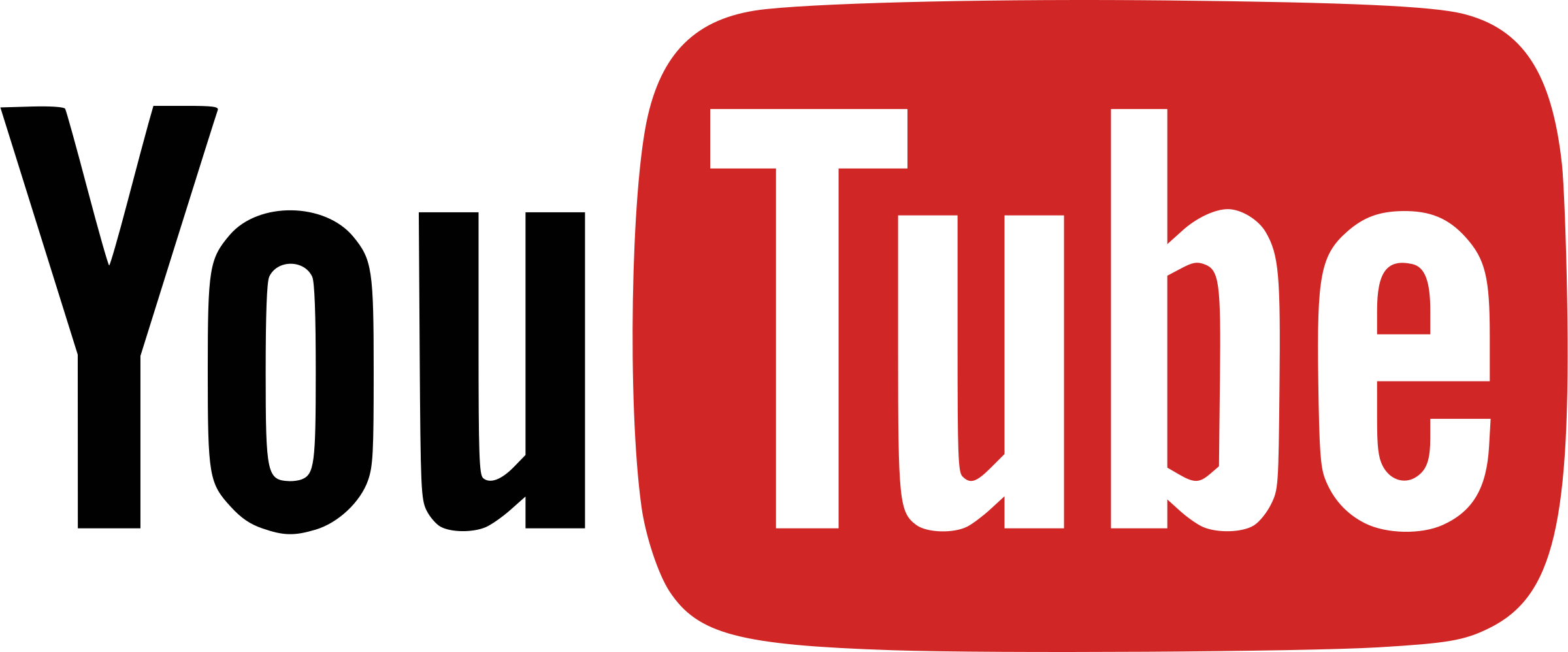 YouTube logo with black text and red play button with black text inside.
